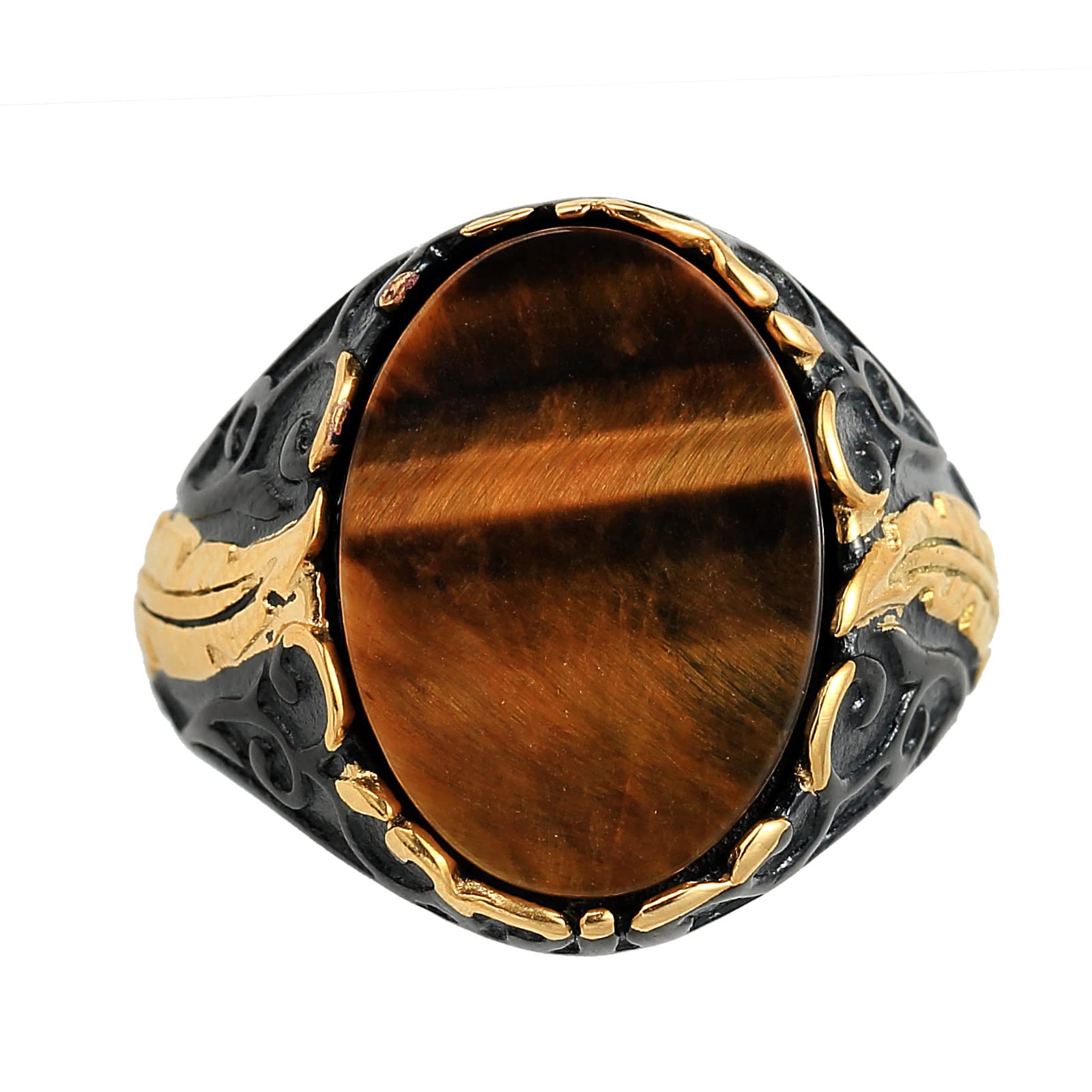 Bague homme titane vintage oeil de tigre imitation pierre et or noir