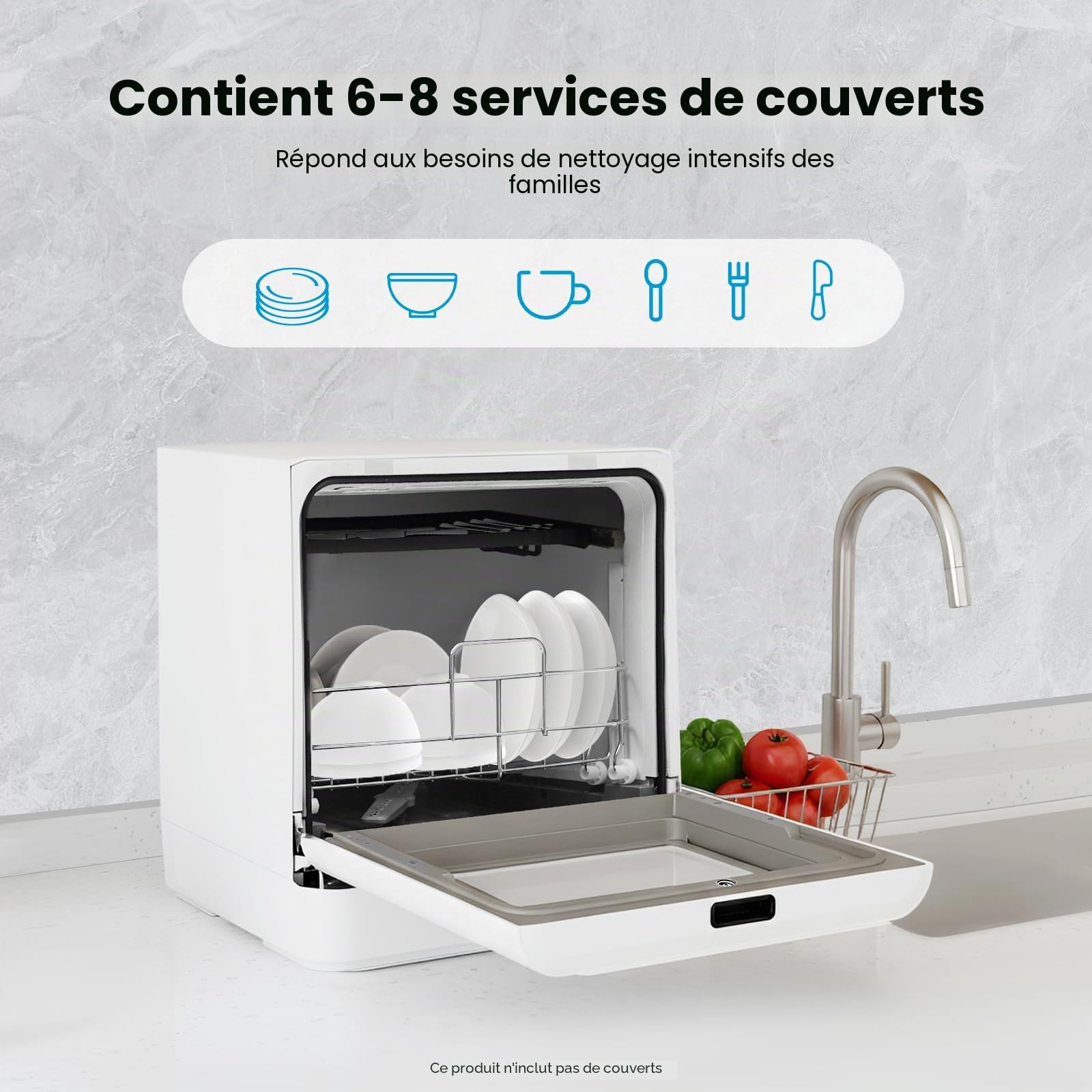 Mini lave-vaisselle de table 6-8 assiettes, 4 modes ECO Strong Rapid Fruit, pour appartement dortoir camping-car