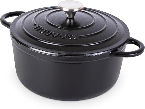 Cast Iron Pot with Lid-Non-Stick Ovenproof Enamelled Casserole Pot, Oven Safe up to 500 F-Sturdy Dutch Oven Cookware - Black, 5-Quart, 24cm-by Nuovva