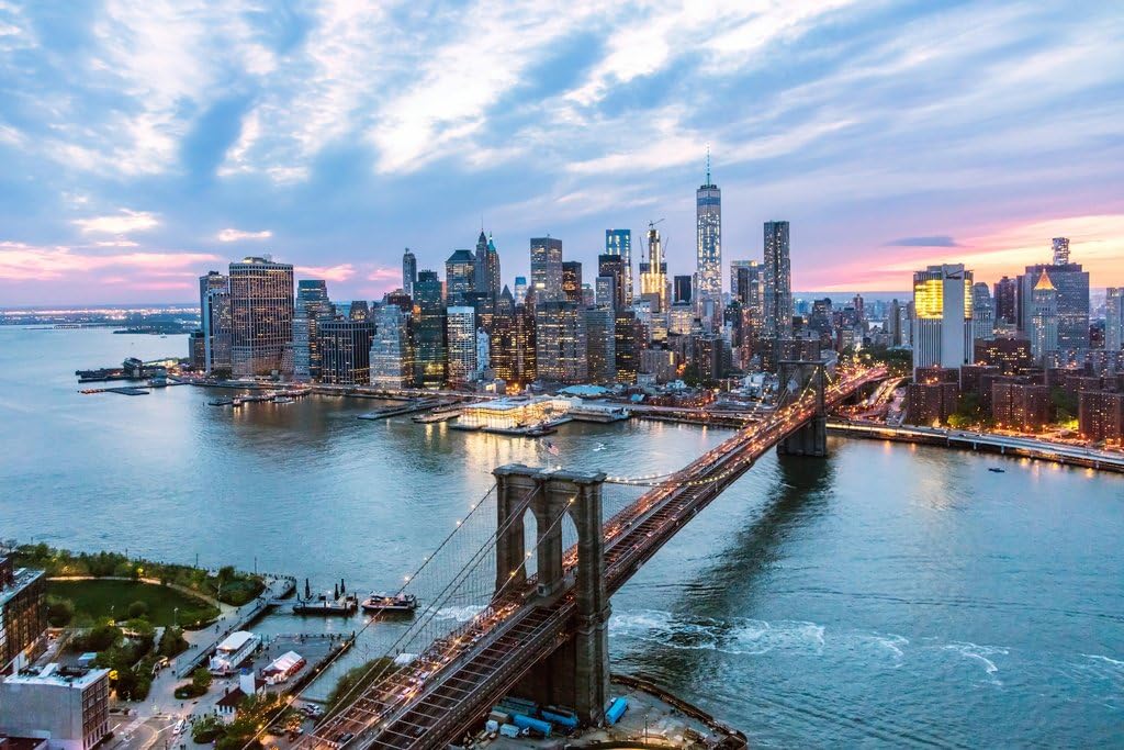 New York City Manhattan Brooklyn Bridge at Dusk Photo Photograph Cool Wall Art Print Poster 18x12