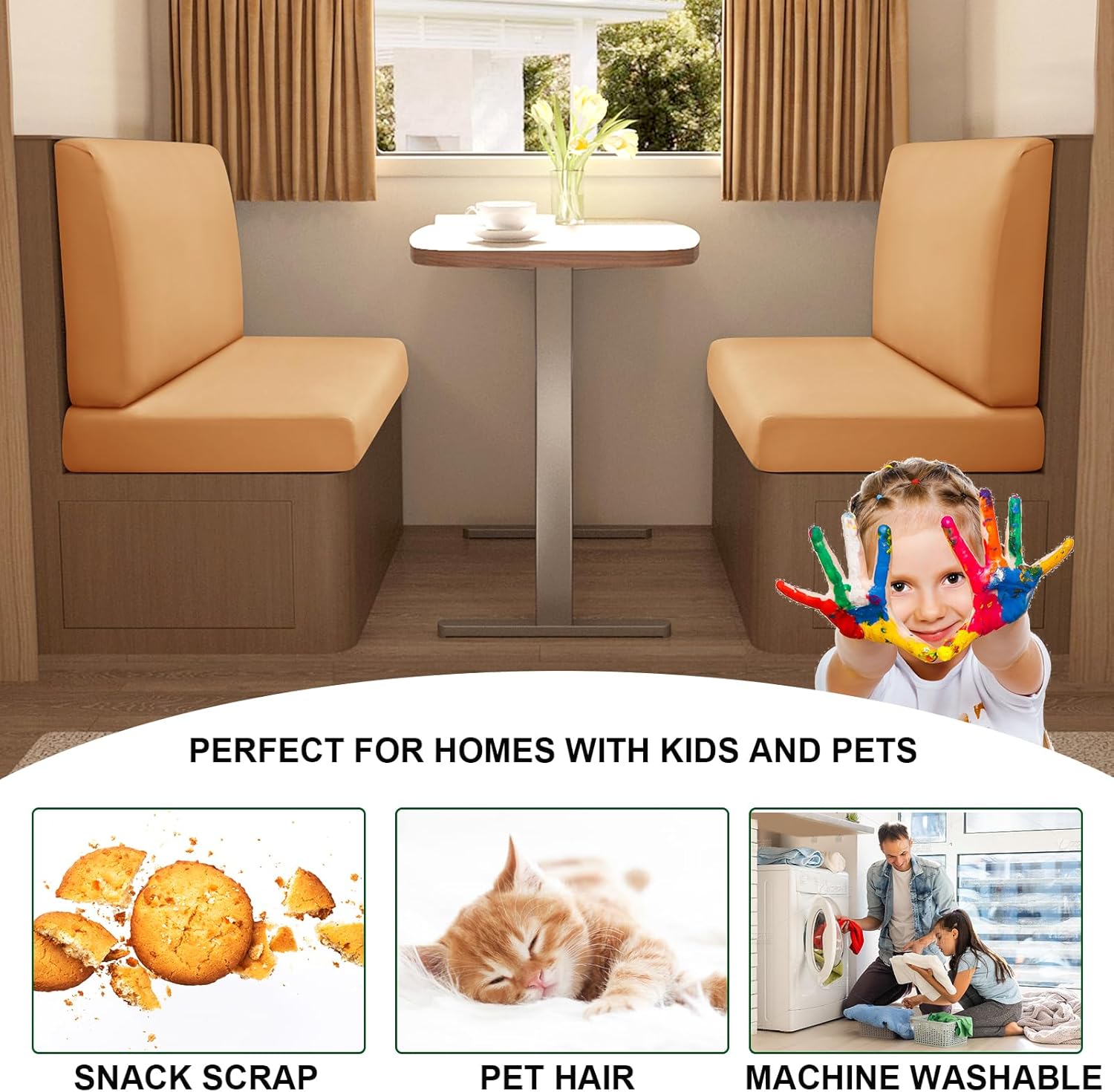 CRFATOP Waterproof RV Dinette Cushion Slipcover Stretch Camper Cushion Covers Solid Loveseat Sofa Chair Cover Furniture Protector for RV Camper Car Bench 1 Backrest Cover & 1 Bench Cover,Caramel