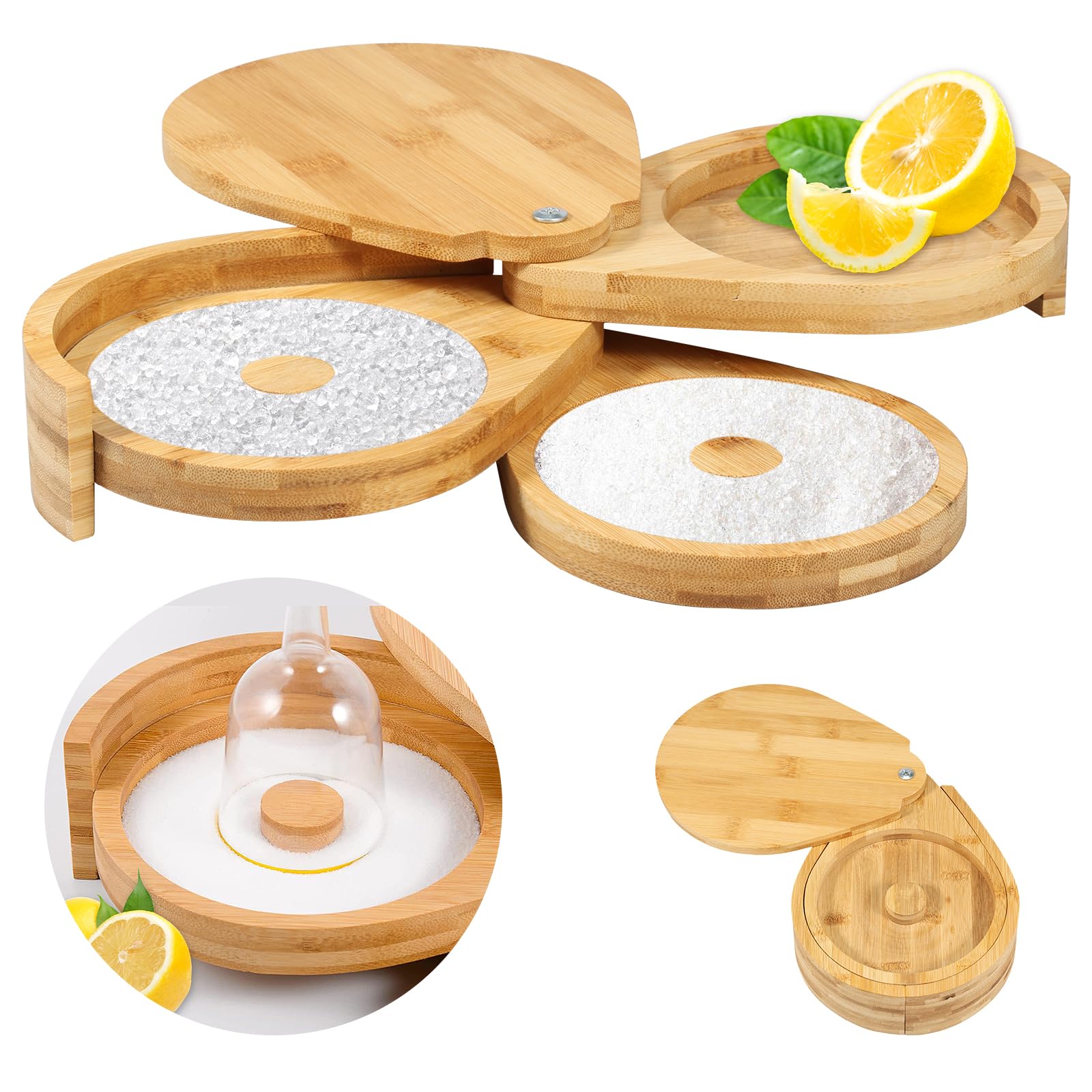 Bamboo Margarita Salt Rimmer Set 3 Tiers Bar Glass Rimmer Cocktail Salt Rimmer with Lid and Sponge Salt and Sugar Rimmer Bartender Tool for Bar House Party Mary Manhattan Drinks(21 * 17 * 6.5C,1PCS)