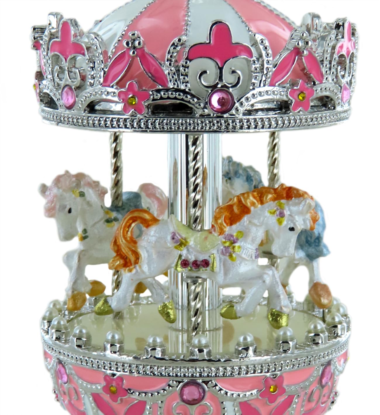 Carillon a forma di uovo/uovo Musicale di Metallo in Stile Fabergé per Pasqua con Cavalli di giostra, dorature, Strass e meccanismo musicale in miniatura - Il valzer di Brahms