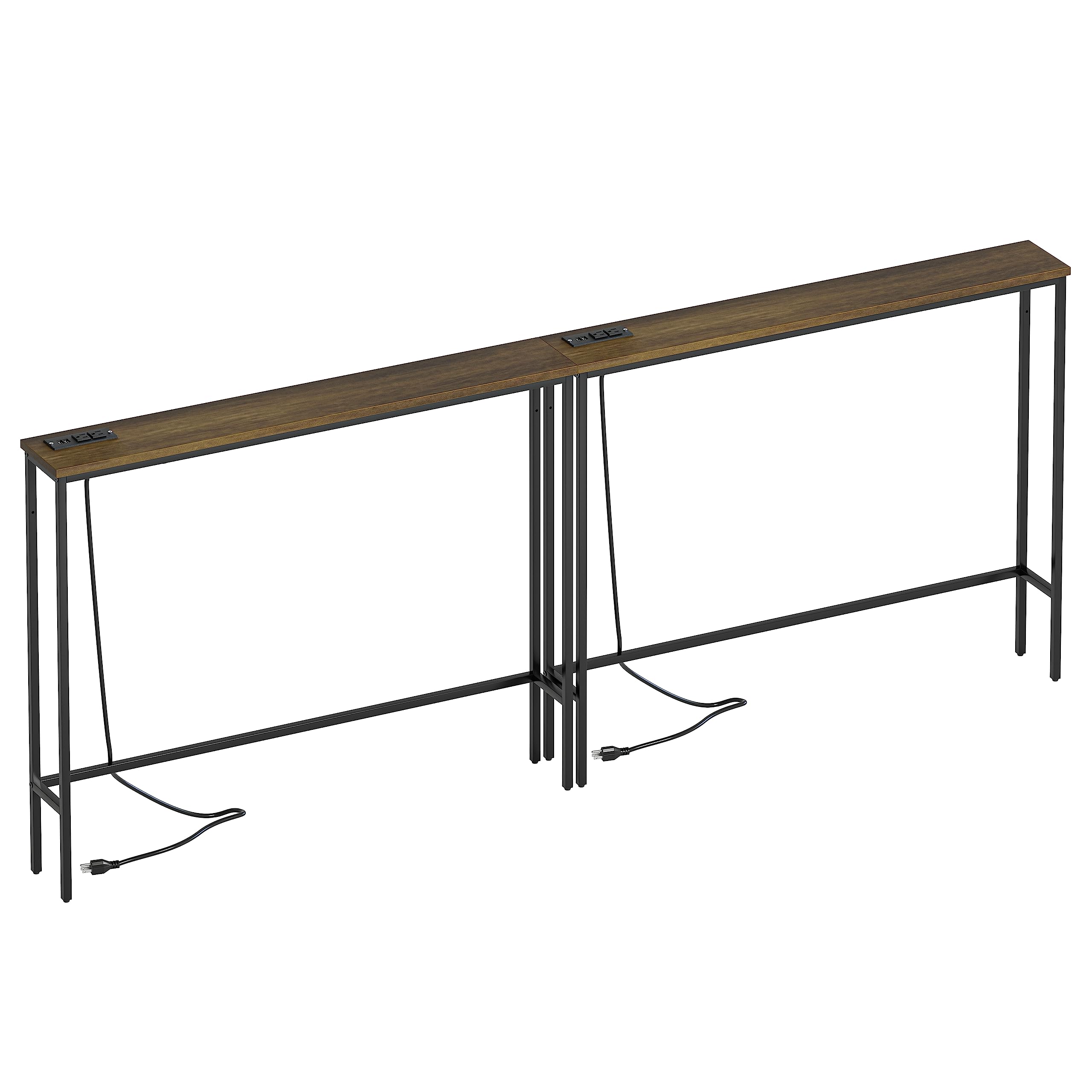 Masupu 2Pack 5.9“ Console Table with Power Outlet,Modern Narrow Sofa Table Behind Couch,Skinny Entry Table with Black Metal Frame for Entryway,Living Room, Hallway,Walnut Brown