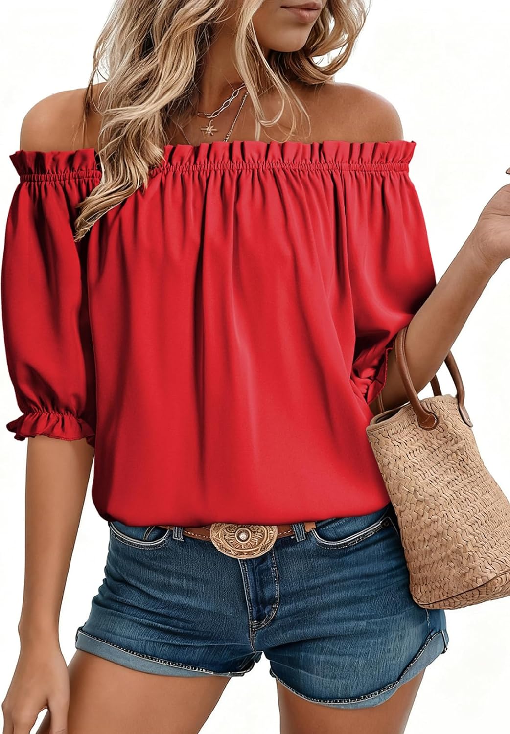 EVALESS Womens Tops Off The Shoulder Blouses for Women Dressy Casual Cute Puff Sleeve T Shirts Fashion 2026