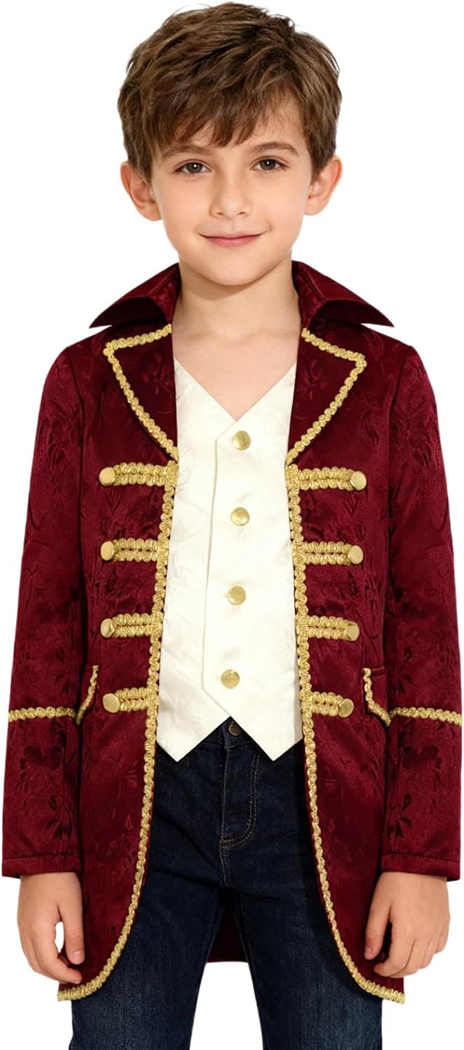 Kids Boys Steampunk Gothic Uniform Coat Drum Major Team Uniform Outwear Long Sleeve Team Tailcoat Burgundy 14 Years