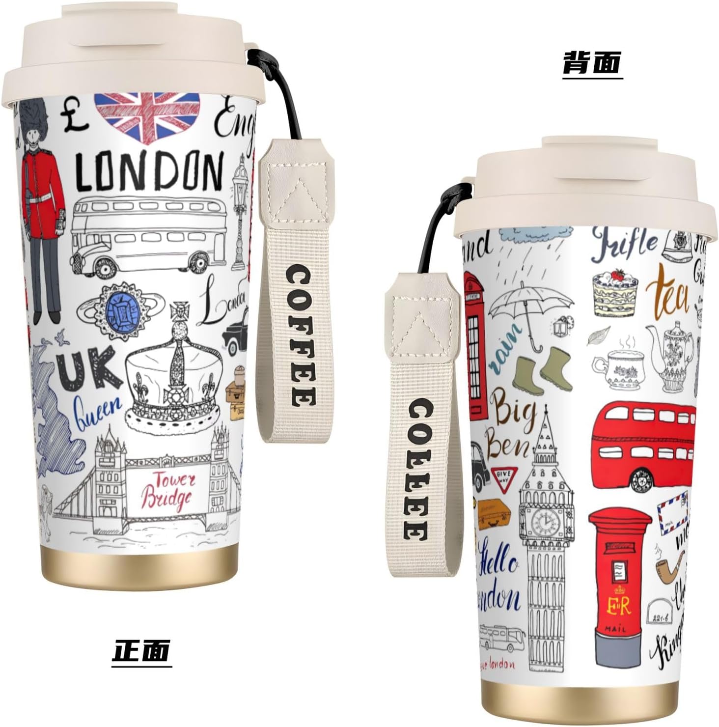 I Love London Print Leakproof Insulated Coffee Mug,Stainless Steel Dual Drink Travel Tumbler,17 OZ