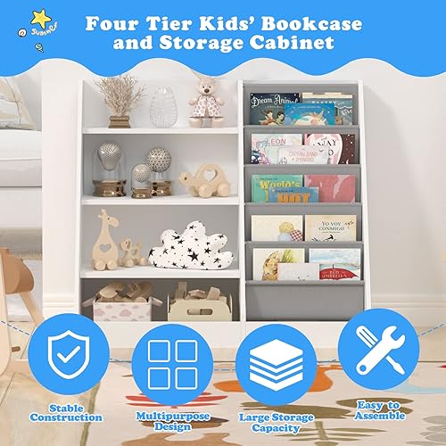 Miniatura 286 de Estantería de madera rosa de 4 niveles para niños, estantería de 5 capas, estante para libros de almacenamiento para bebés, organizador de juguetes