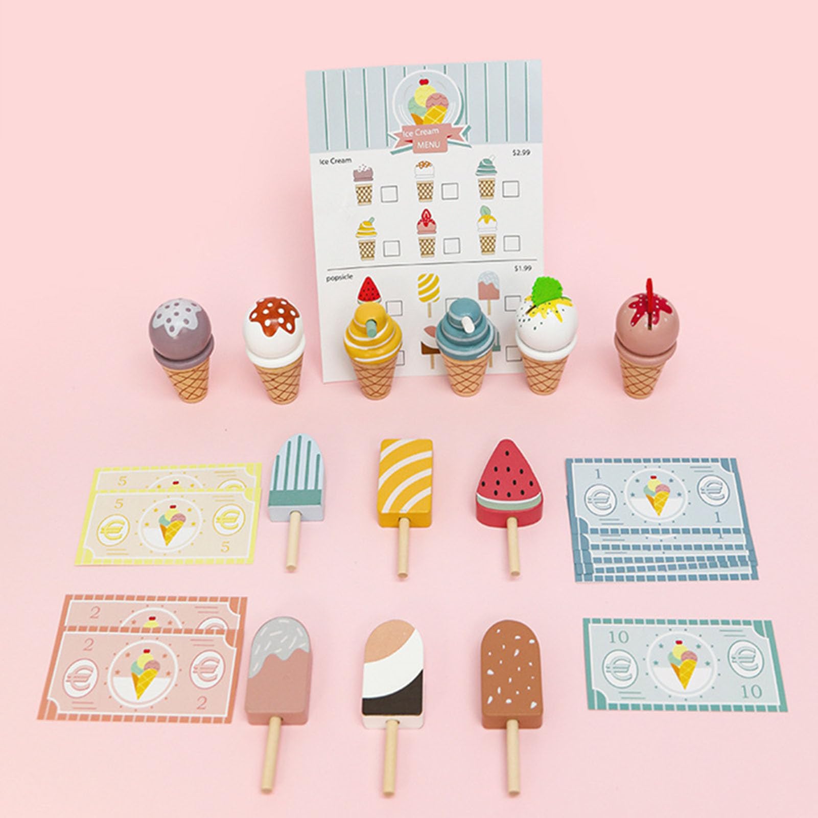 Set di Gioco del Negozio di Gelato in Legno, Stand di Gelati e Ghiaccioli da Gioco con Accessori