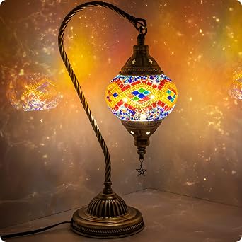 Yarra-Decor Turkish Moroccan Lamp with Bronze Base 3 Color Options Handmade Swan Neck Tiffany Mosaic Glass Bedside Lamps for Bedroom LED Bulb Included5