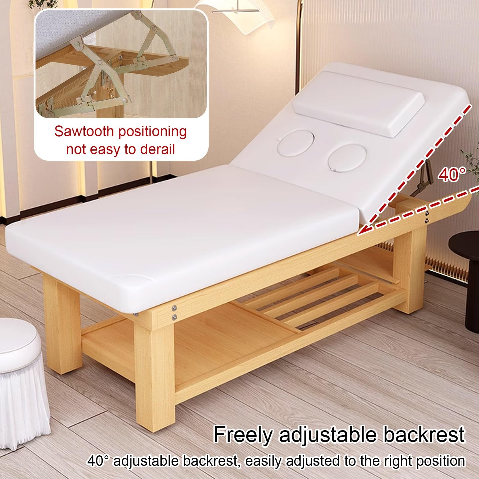 Stationäre Massageliege mit 40° Verstellbarer Rückenlehne, Kosmetikliege aus Massivholz for Kosmetikstudios, Friseursalons und SPA, Abnehmbare Kopfstütze und Handgriffe