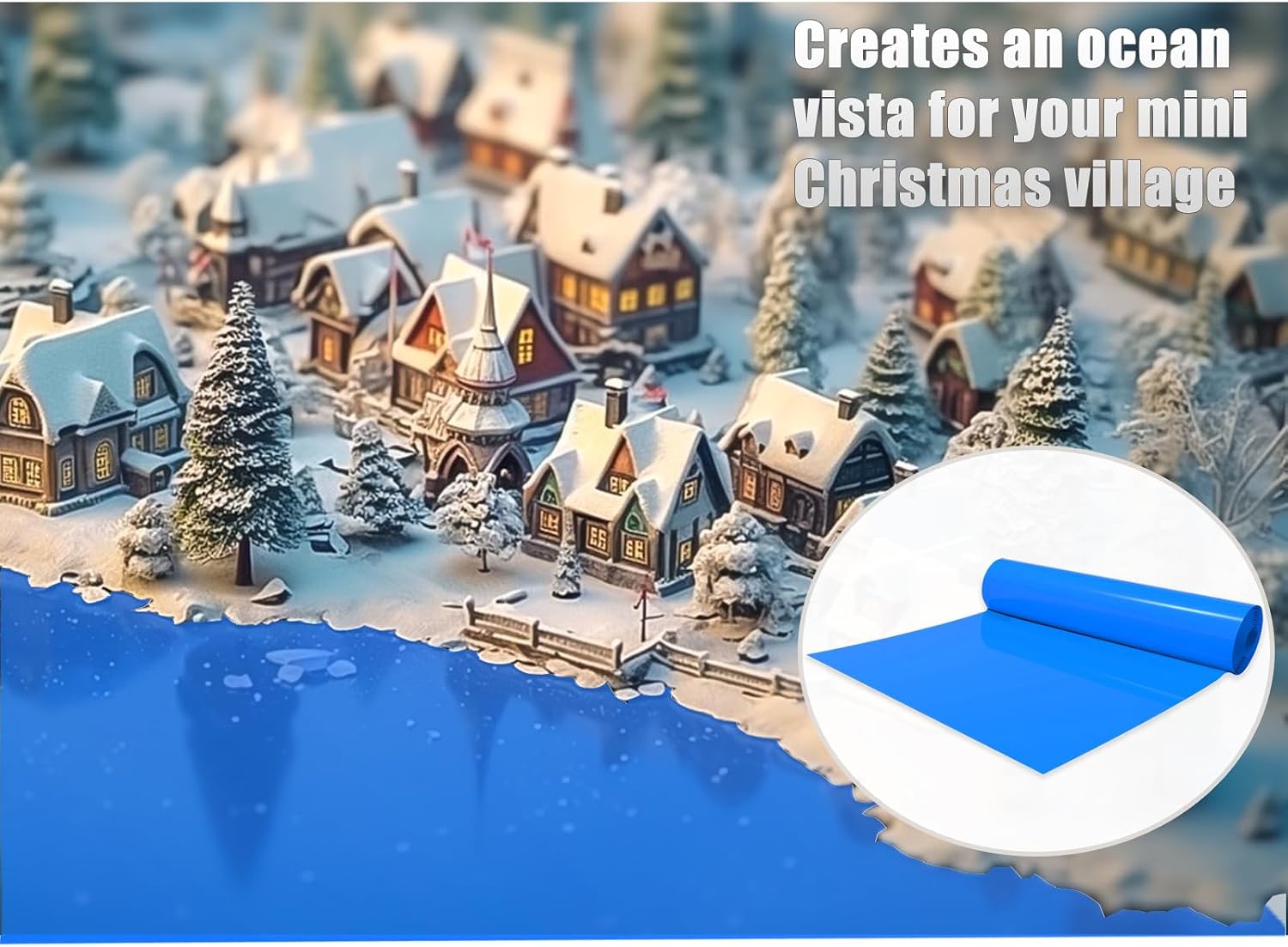 Christmas Village Miniature Ocean Display Mat 59''x15.7'' Cuttable Xmas Villages PVC Pad Decoration Blue Village Display Landscape Accessories for Xmas DIY Home Decoration