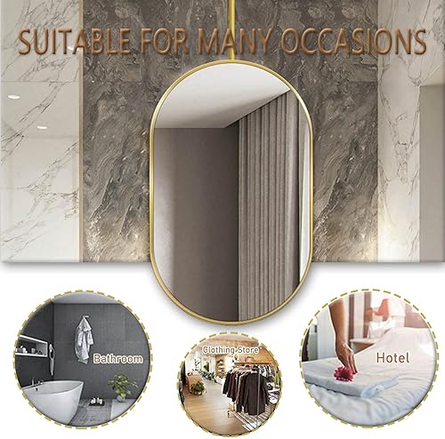 Miniatura 5 de Espejo ovalado para colgar en el techo espejo de pared flotante para el baño espejo montado en el techo con marco de metal negro y pluma dorado