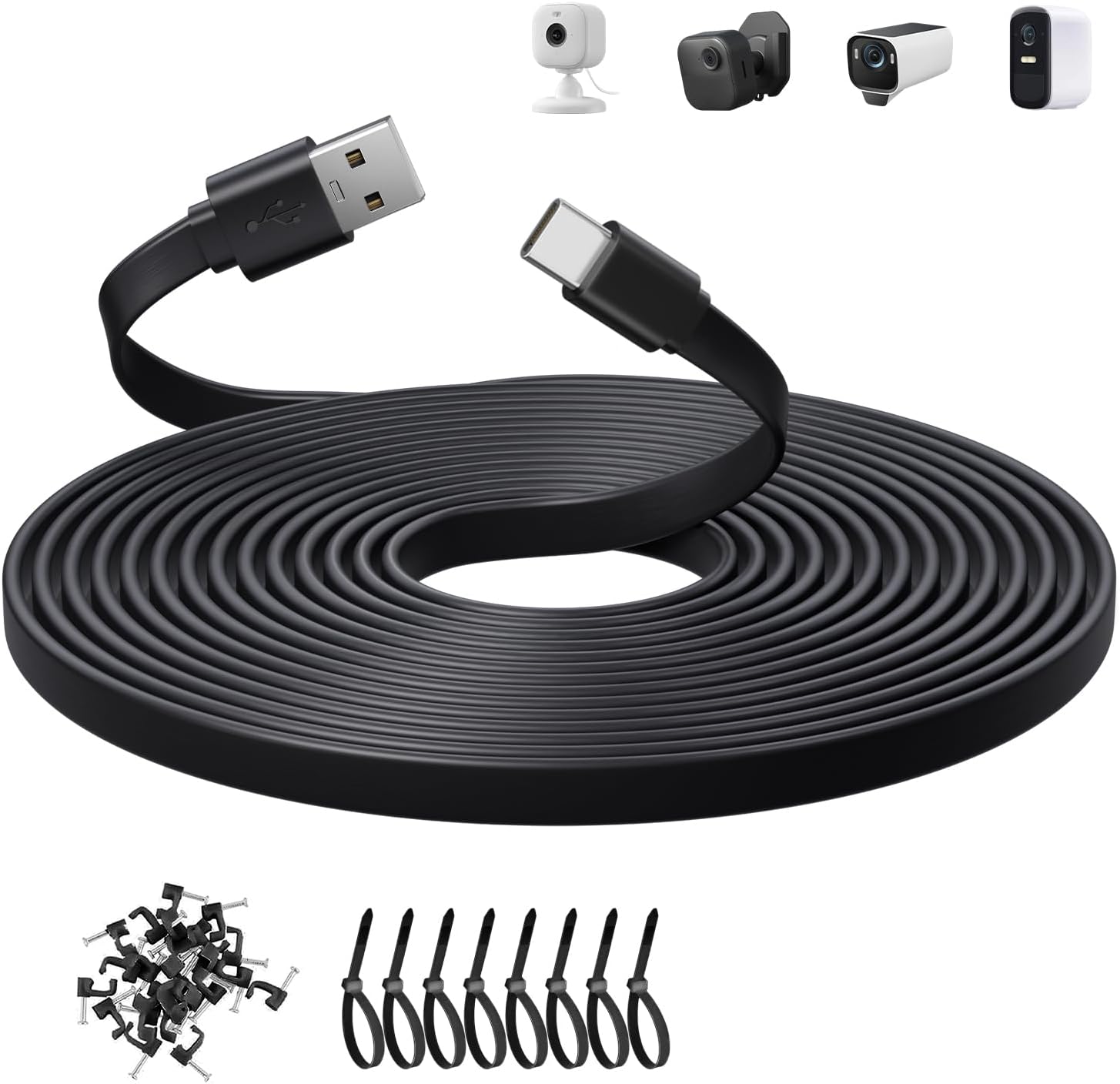 10ft/3M Flat USB C Cable, USB A to USB C Charging Power Cord for Blink Mini 2/Outdoor 4, Ring Pan-Tilt Indoor Cam, eufy Cam S3 Pro, SoloCam S340/S350/S220/C210, and More CCTV Cam-Black