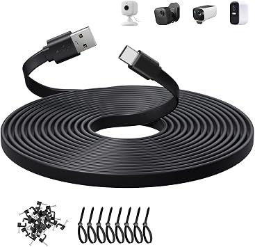 10ft/3M Flat USB C Cable, USB A to USB C Charging Power Cord for Blink Mini 2/Outdoor 4, Ring Pan-Tilt Indoor Cam, eufy Cam S3 Pro, SoloCam S340/S350/S220/C210, and More CCTV Cam-Black