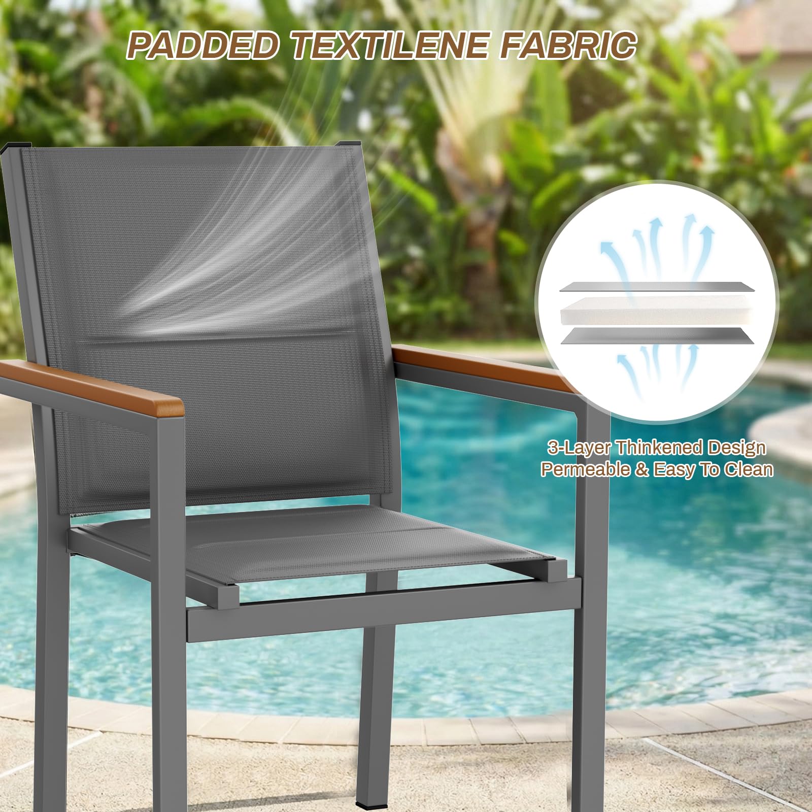 LIFERUN Gartenstuhl 4er Set, stapelbarer Aluminium Esszimmerstuhl, mit Gesteppte Rückenlehne & Sitzfläche, WPC Handlauf Balkonstühle, für Garten, Terrasse, Balkon, Pool, Restaurants, Grau, 4 PCS