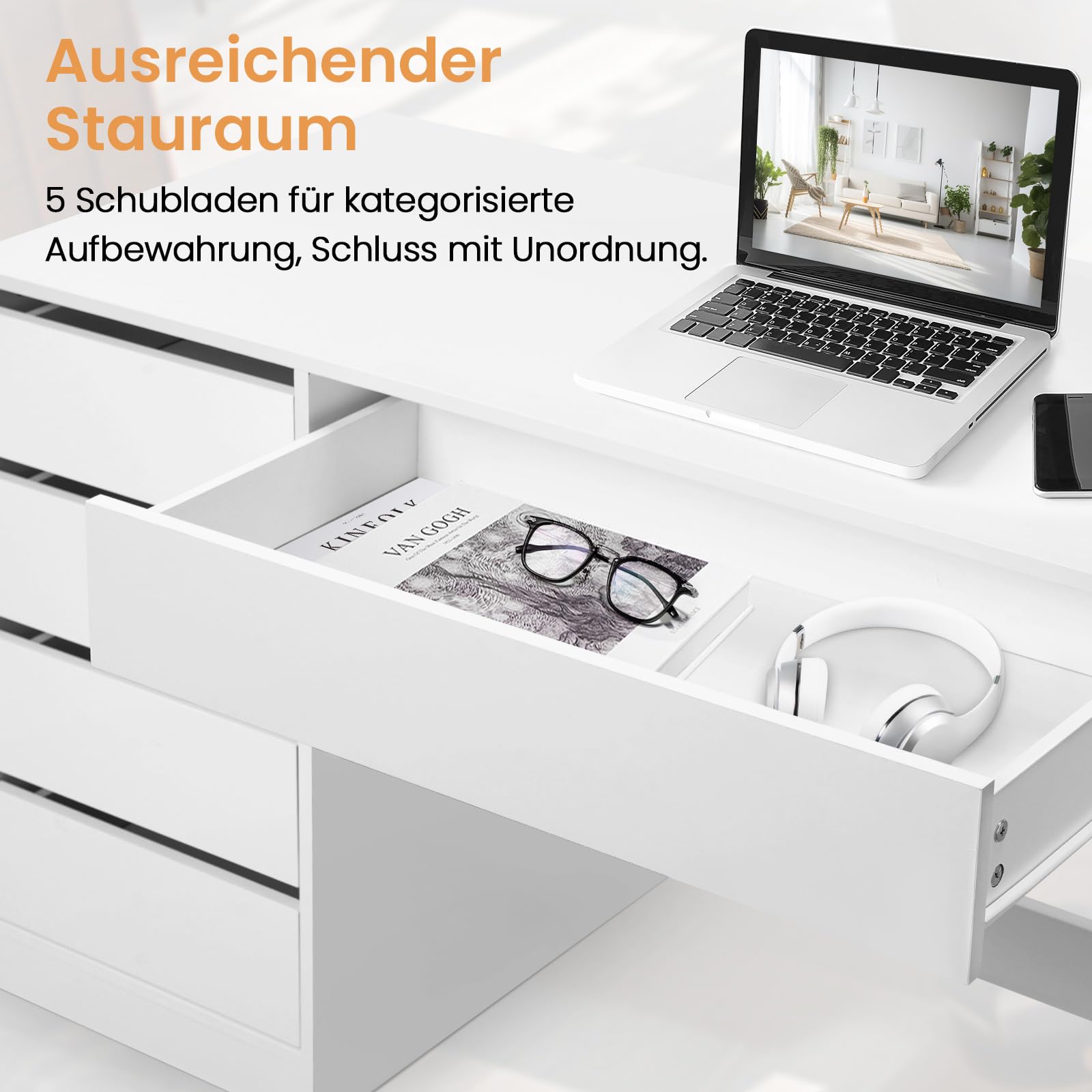 eSituro Schminktisch Weiß mit 5 Schubladen Ohne Spiegel, Schreibtisch Computertisch mit Stauraum, Bürotisch PC Tisch für Jugendzimmer Schlafzimmer, 120x55x75 cm