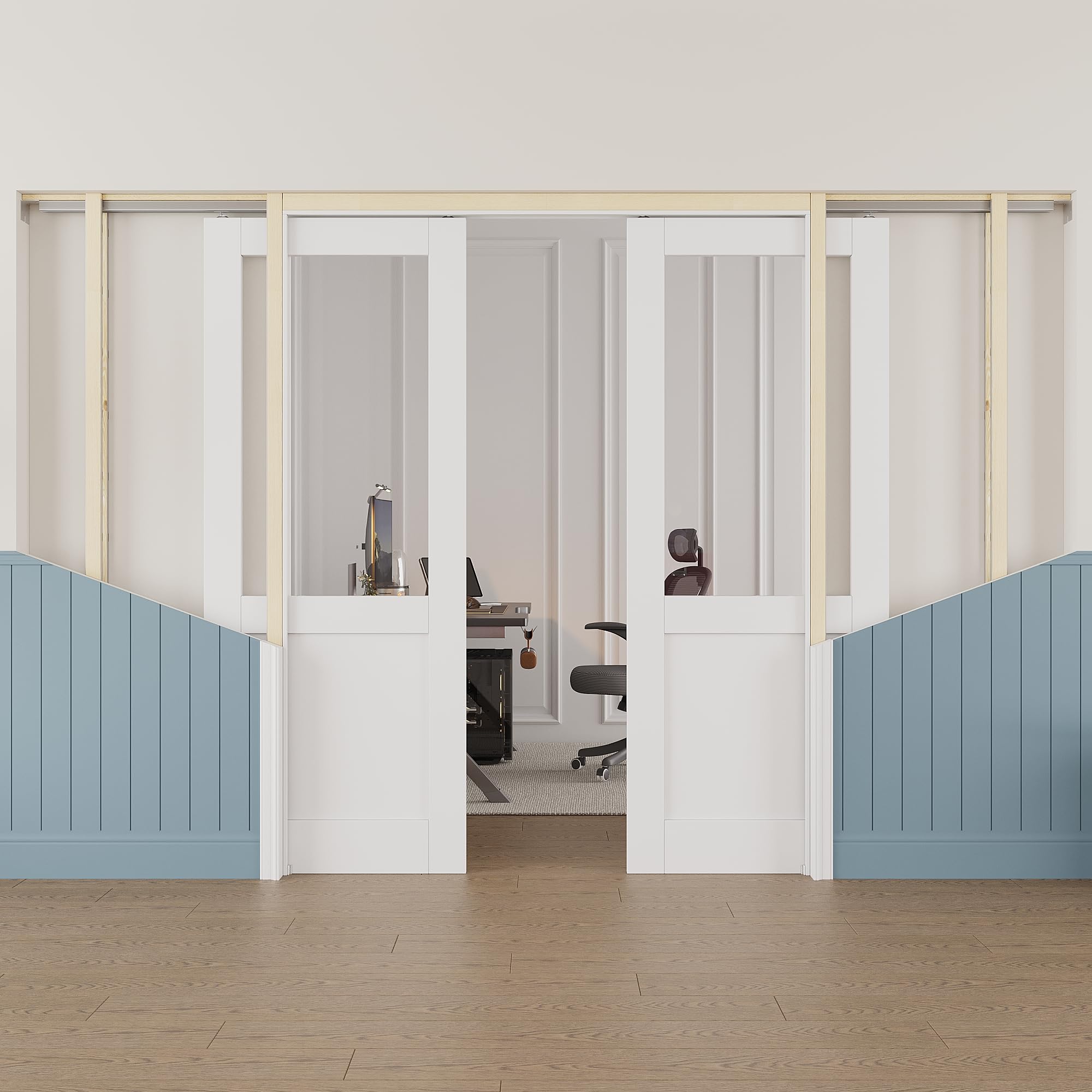 64x80 Sliding Double Pocket Door,Half Lite Clear Glass Doors,Hidden Doors