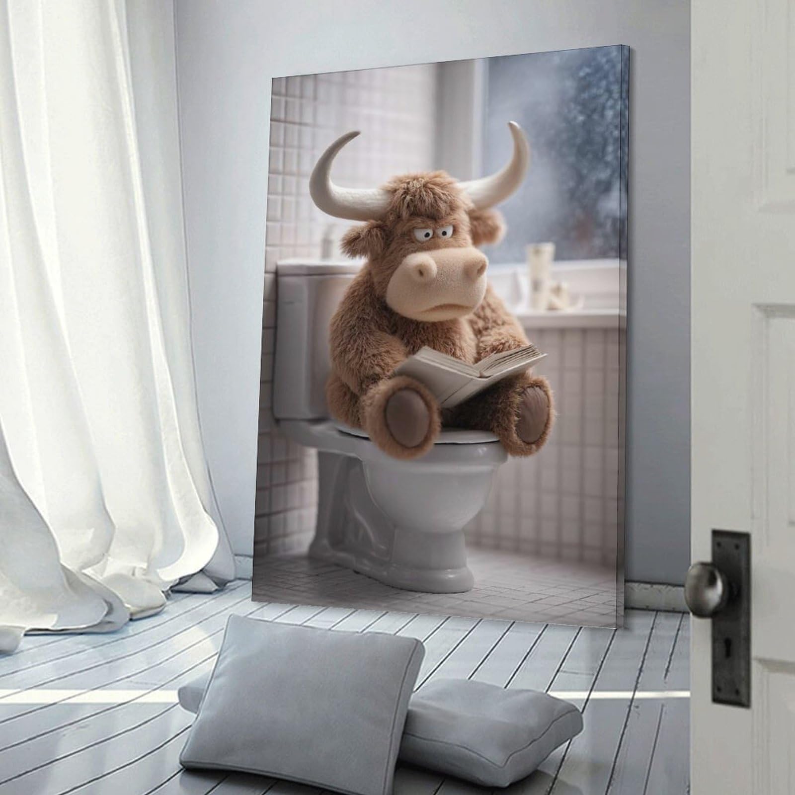 Junmoney Hanging Wall Art Plush Highland Cow Reading on Toilet, 12x18inch(30x45cm), for Wall Displays, Bedrooms Or Room Updates, Wall Decor Suited to Curated Displays