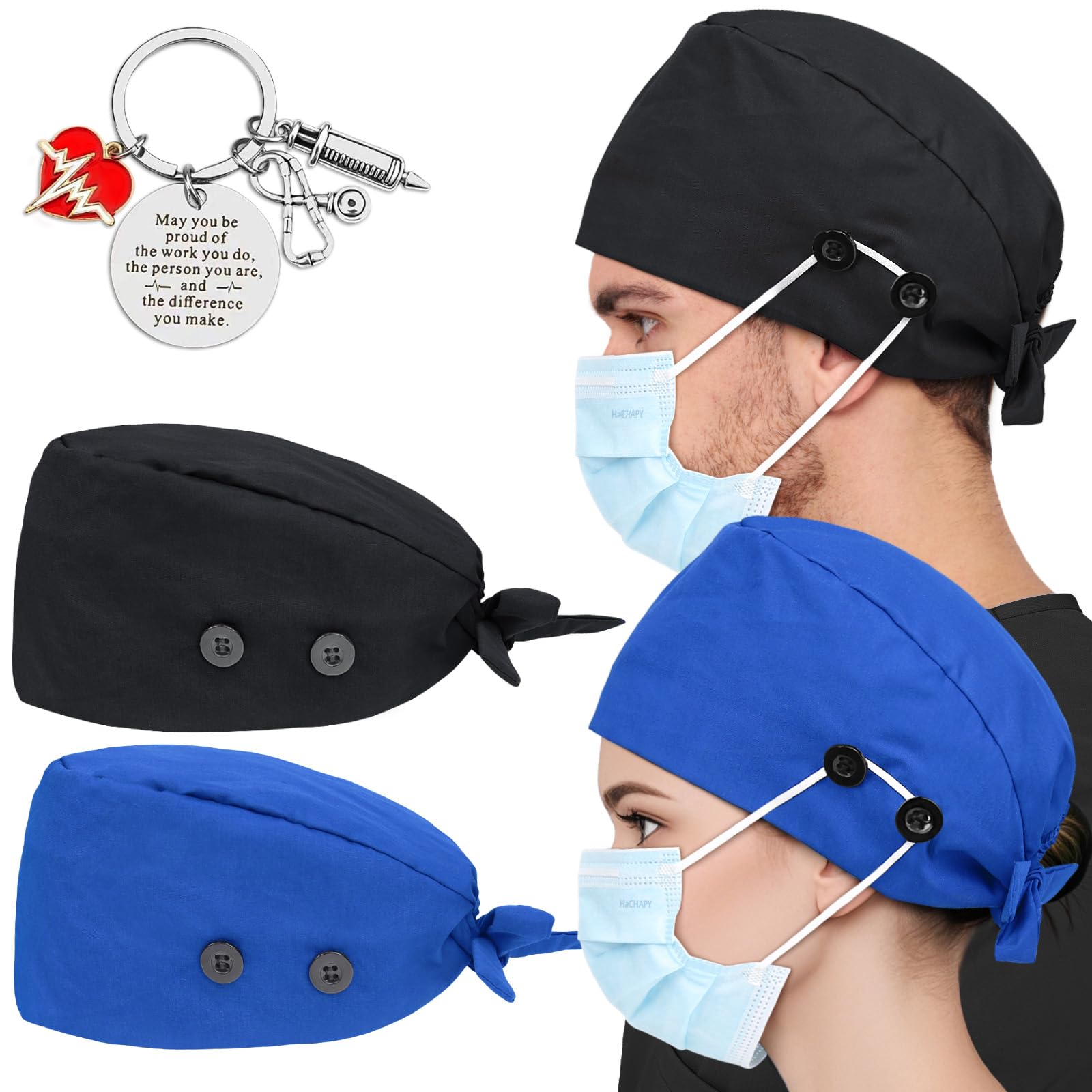 2 Pcs Satin Lined Scrub Cap Nurse Hats for Women Men 4 Buttons