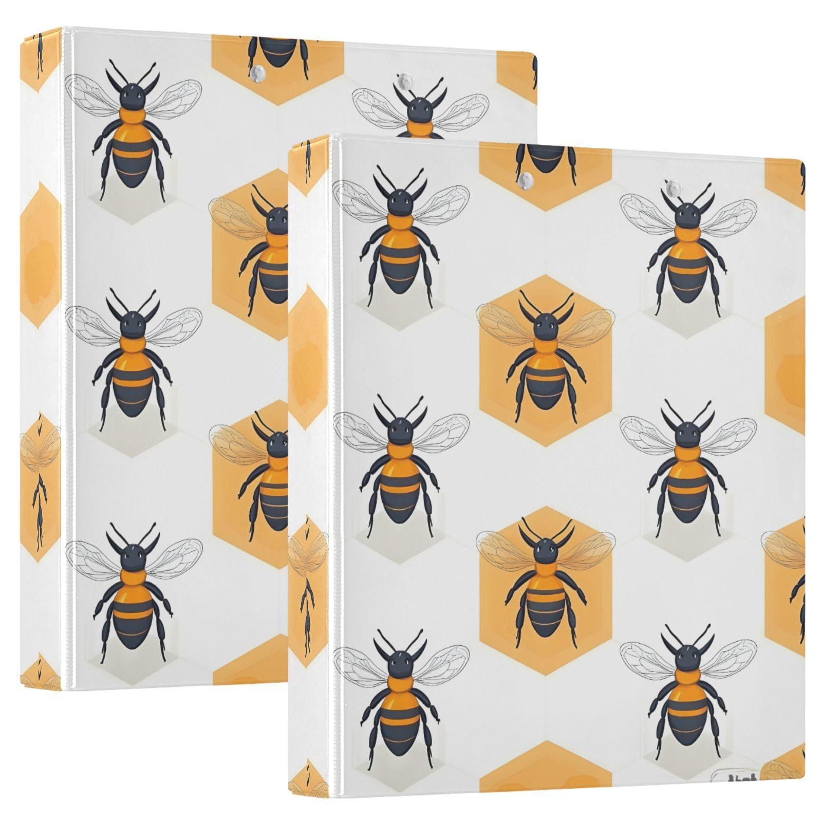 Confezione da 2 raccoglitori a 3 anelli, motivo api in stile cartone animato, 3,8 cm, con 3 tasche trasparenti, portablocco e contiene 200 fogli, per ufficio, scuola, organizzazione