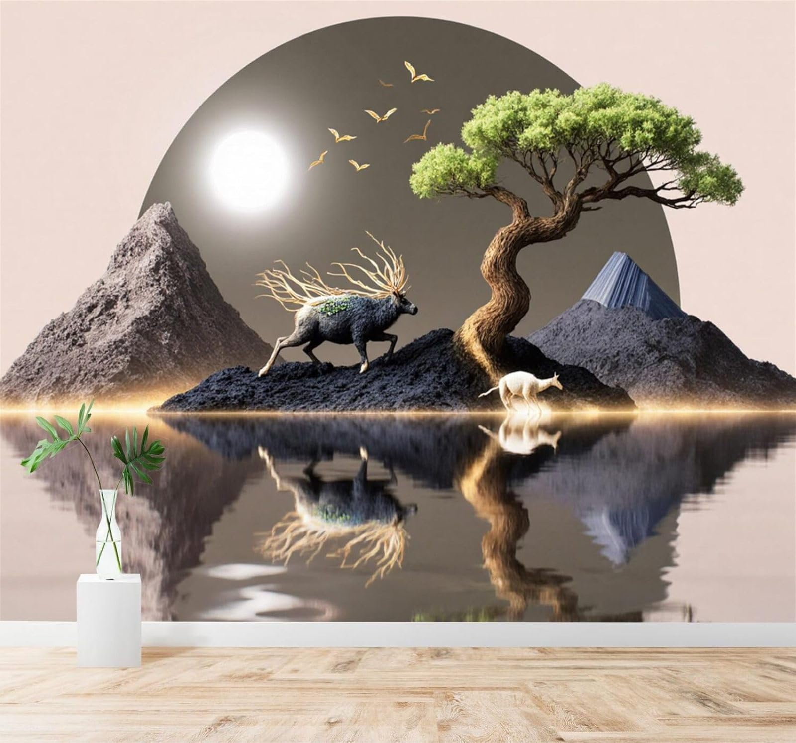 XLMING Green Trees Mountain Peaks The Moon A Lake Reflections Art 3D Wallpaper Premium Textured Silk Study Dining Living Room Bedroom Sofa TV Wall Easy Install-150cm×105cm