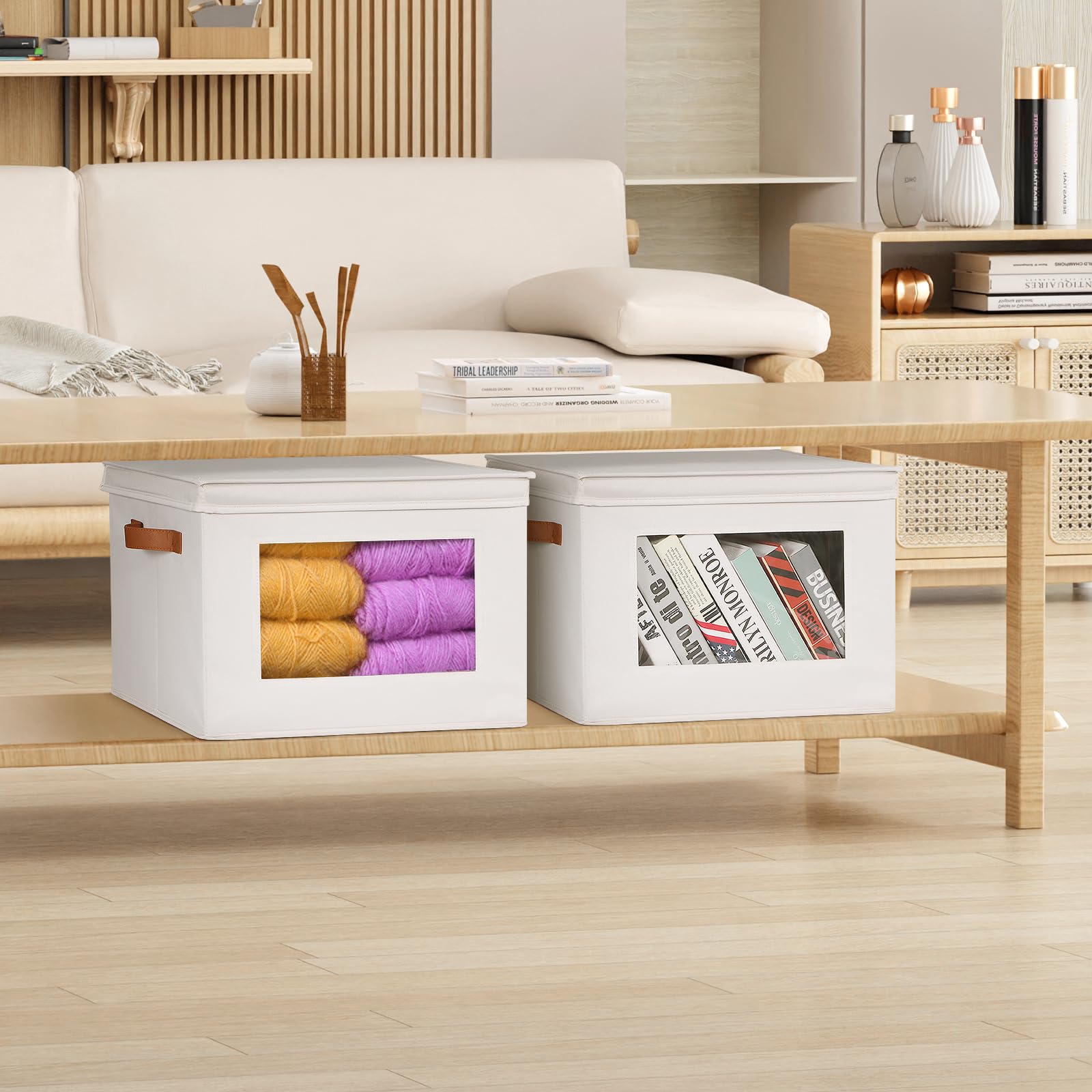 Univivi Aufbewahrungsboxen mit Deckel, Stoff, faltbarer Aufbewahrungsbehälter für Kleidung, [3er-Pack] Schrank-Organizer, Behälter mit Griffen für Zuhause, Schlafzimmer, Schrankaufbewahrung (Beige