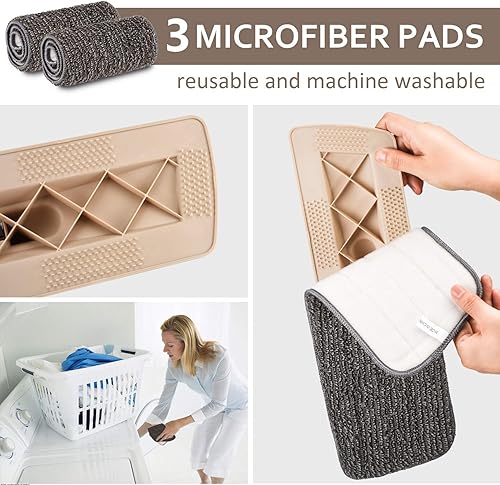 Miniatura 5 de Trapeador de microfibra para limpieza de pisos, mopa de piso de madera seca y húmeda con 3 almohadillas lavables, mango plano con rociador para
