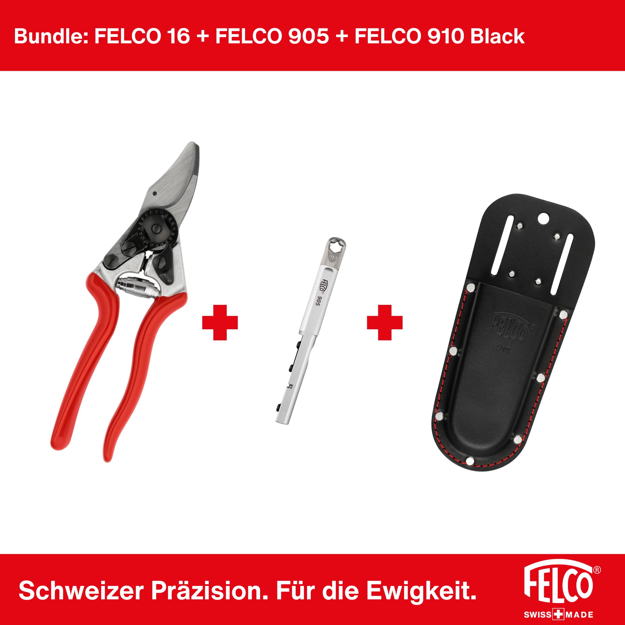 FELCO 16 Kompakte Profi-Gartenschere Bypass 20 mm für Linkshänder + Lederholster 910 Black + Multifunktions-Schärfer 905