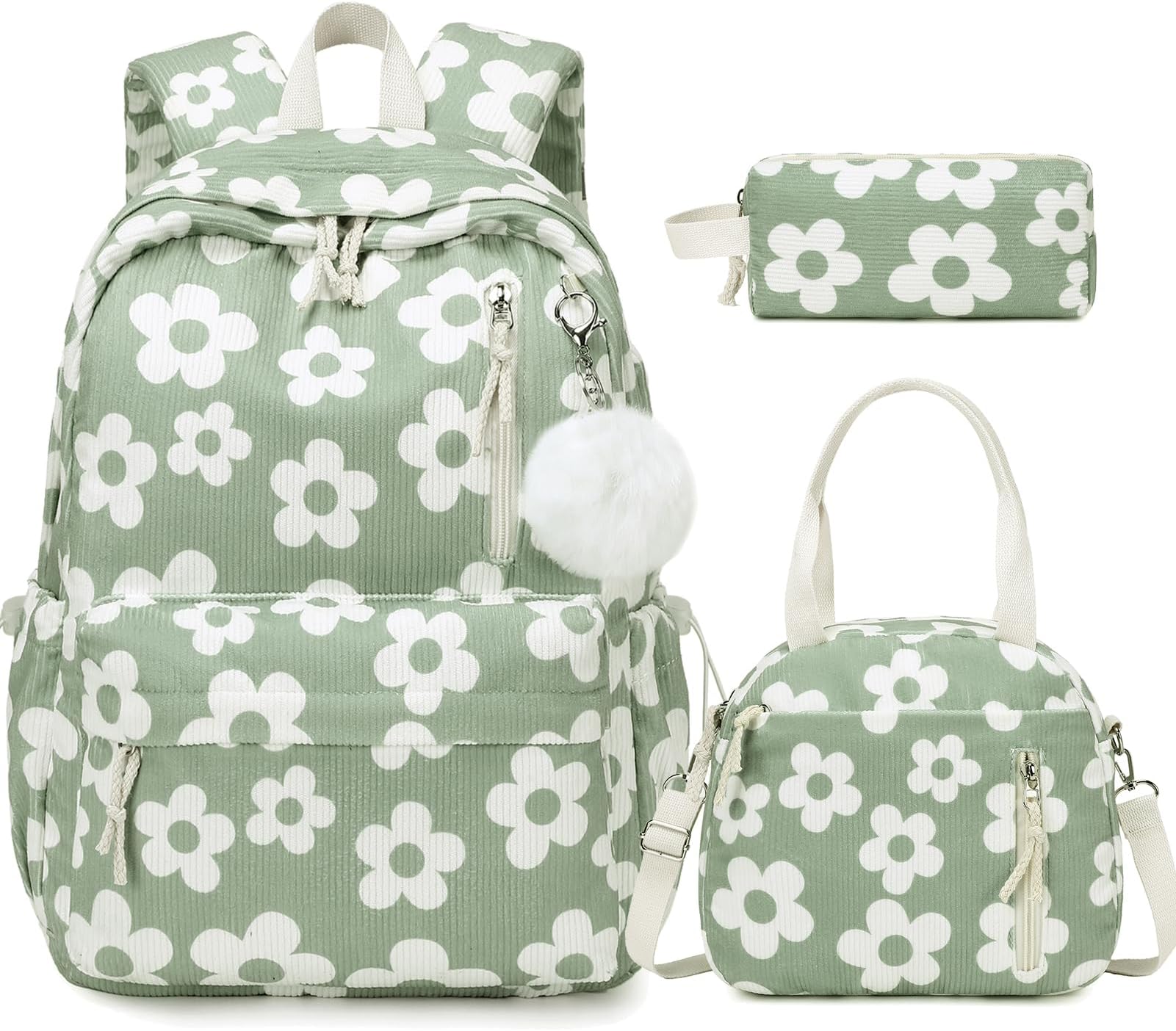 Backpack for Girls - Corduroy Girls Backpack with Lunch Bag & Pencil Pouch for Teen Kids Laptop Backpack for Women, Middle High School Bookbag Travel Daypack (Green Flower)