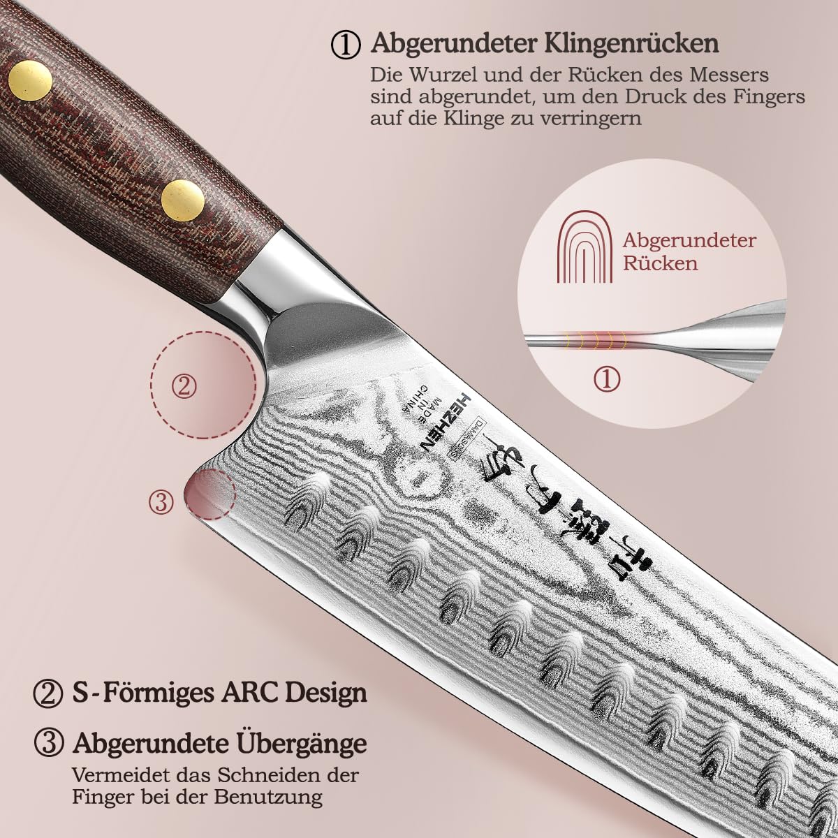 HEZHEN Santokumesser im Japanischen Stil，Echter Damaststahl Kochmesser mit Holzmesserscheide, Chinesisch VG10 Gyuto Messer, Full Tang Griff aus Micarta