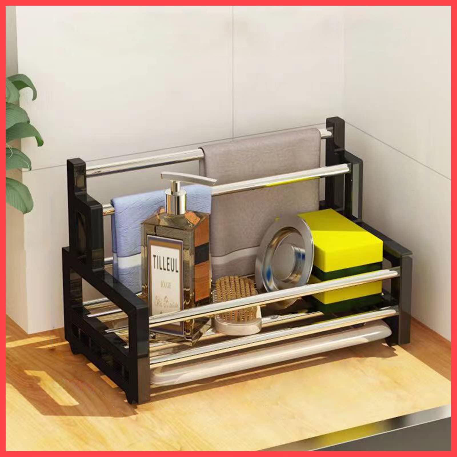wolpin Multipurpose 3 in 1 Kitchen Sink Organizer Dish Drainer Rack Stand for Dishwasher Liquid, Soap & Sponge Storage B