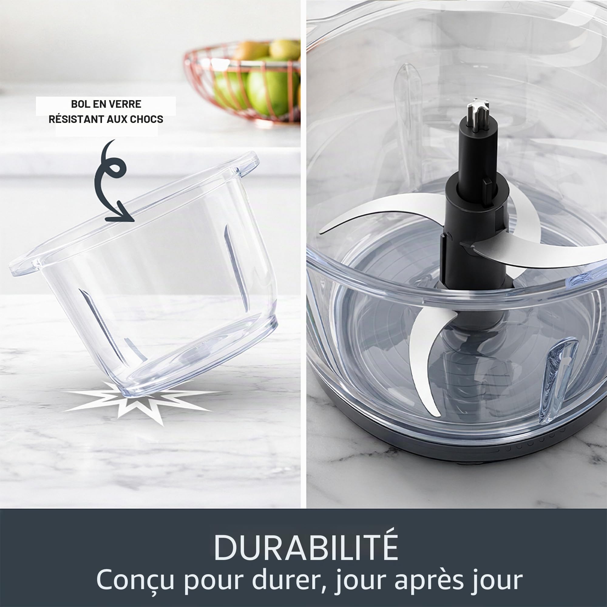 Tefal Choppeo MB603BG1 Hachoir XXL Capacité 2 L Bol en Verre Mini Robot Cuisine Tapis Antidérapant Couvercle de Rangement pour Restes 2 Vitesses 500W Houmous Légumes Gris