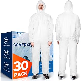 CAREGY 30 Pack Disposable Hazmat Suits - Heavy Duty Protective Coveralls with Elastic Hood, Wrists & Ankles for Painting, Industrial Use - Sizes S-3XL