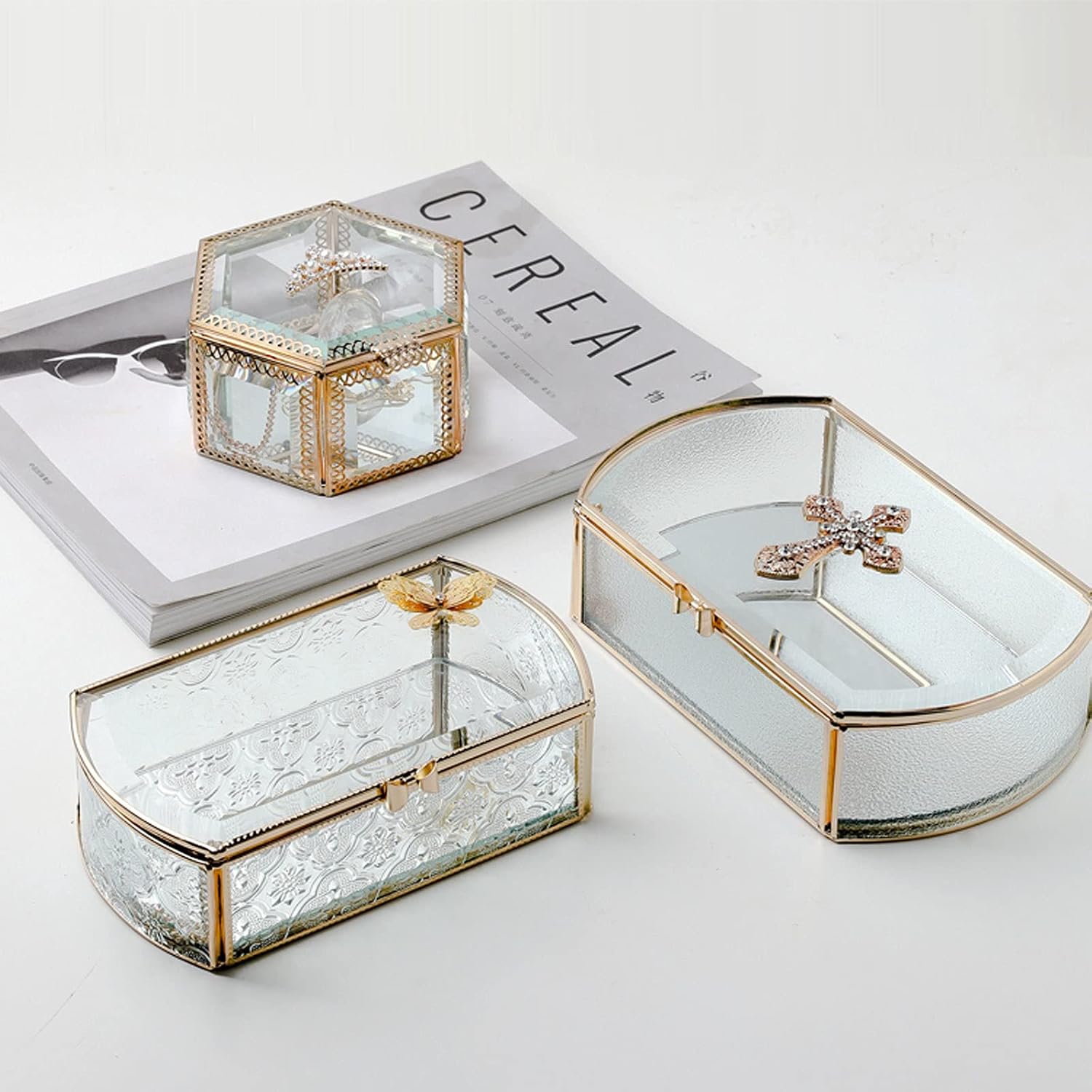 Jewelry Travel Box Gold Glass Box Jewelry Box Large Jewelry Display Organizer Vintage Wedding Card Box Home Decorative Box for Ring Bracelet Earrings Necklace Storage Jewelry Organizer Storage Case