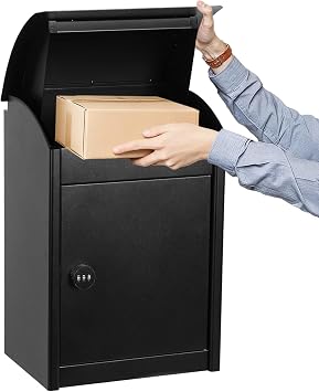 Parcel Box Outdoor Delivery Box for Parcels, Weatherproof Large Capacity Wall-Mount Parcel Storage Boxes with Key Lock & Front-Opening Design Black, 34 x 24.5 x 50.5 cm