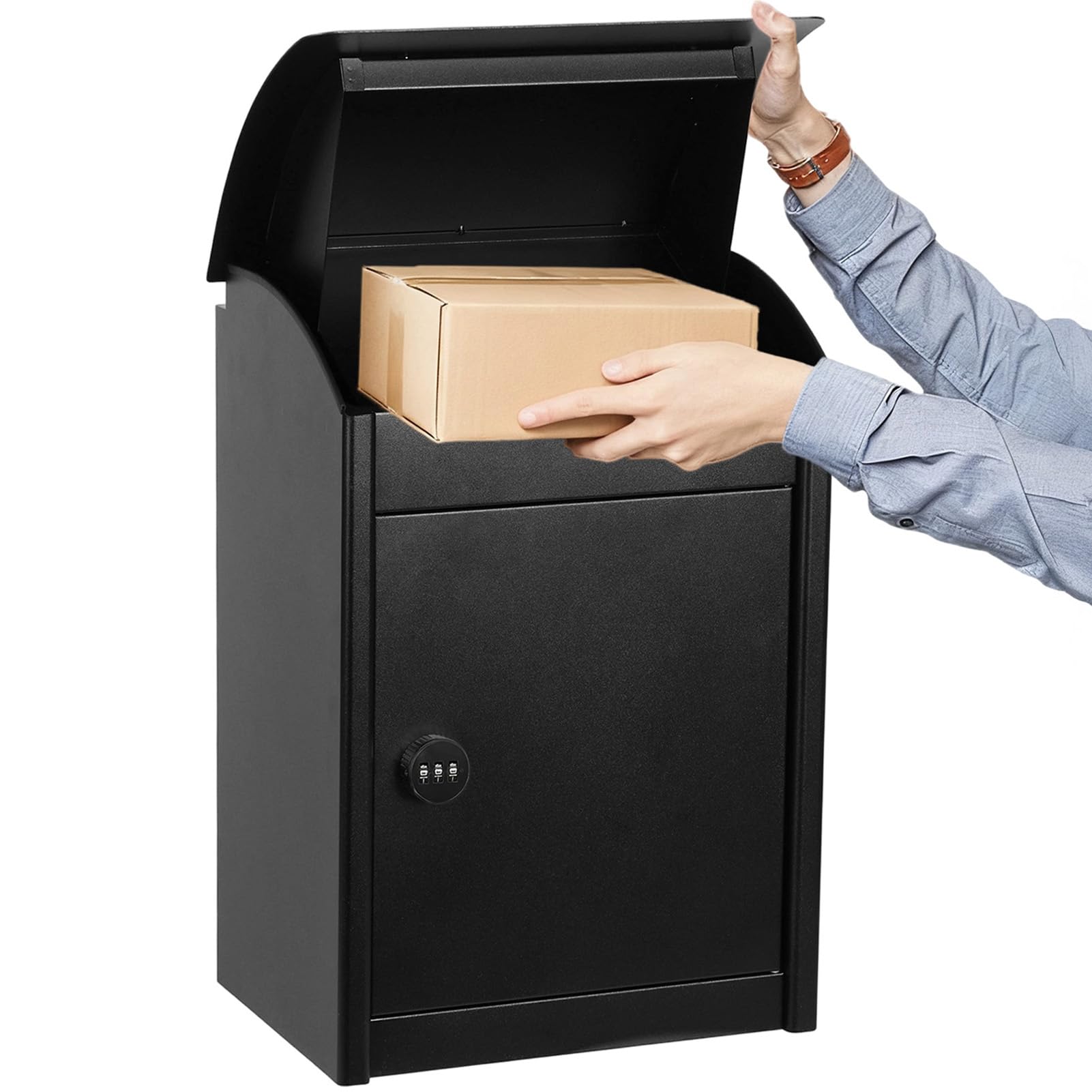 ilkqeppe Parcel Box Outdoor Delivery Box for Parcels, Weatherproof Large Capacity Wall-Mount Parcel Storage Boxes with Key Lock & Front-Opening Design (Black, 34 x 24.5 x 50.5 cm)