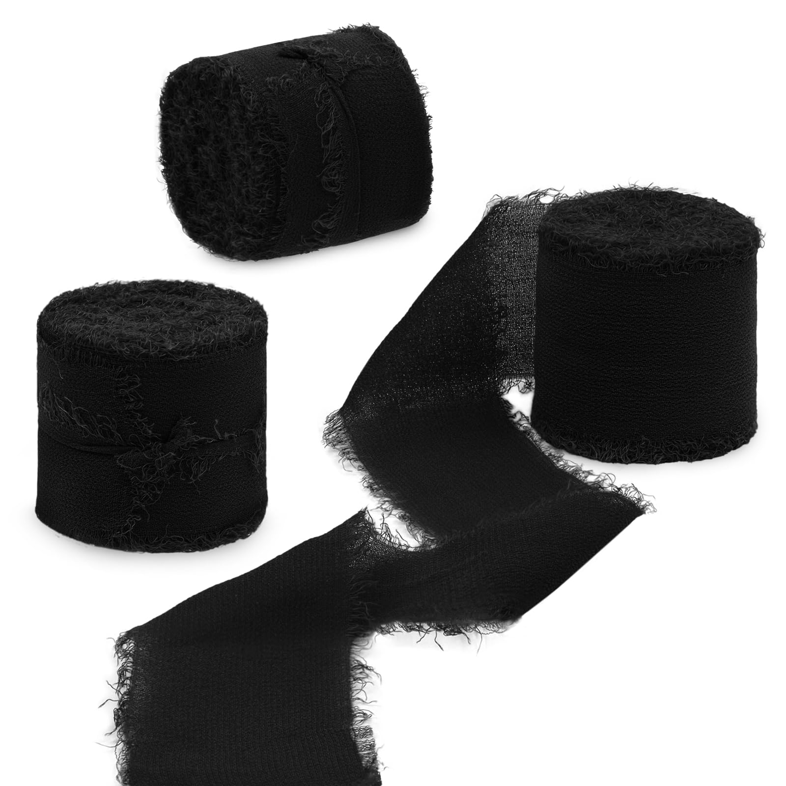 Uiopa 3 Rolls Chiffon Ribbon, 40mm x 15m(16.4 Yards) Frayed Edges Gift Wrapping Ribbon, Black Chiffon Silk Ribbons for Wedding Invitations, Bridal Bouquets, Wreath, Decoration, DIY Crafts
