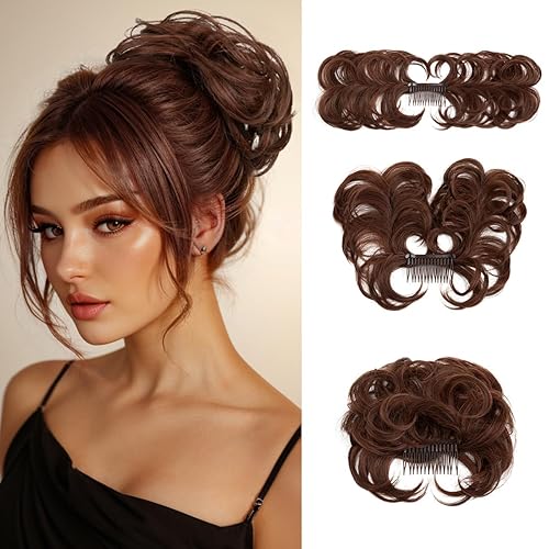 Miniatura 24 de Pieza de pelo de moño desordenado con peine lateral para mujer, clip en el moño de pelo para mujer, pelo corto natural liso, estilos ajustables Sal