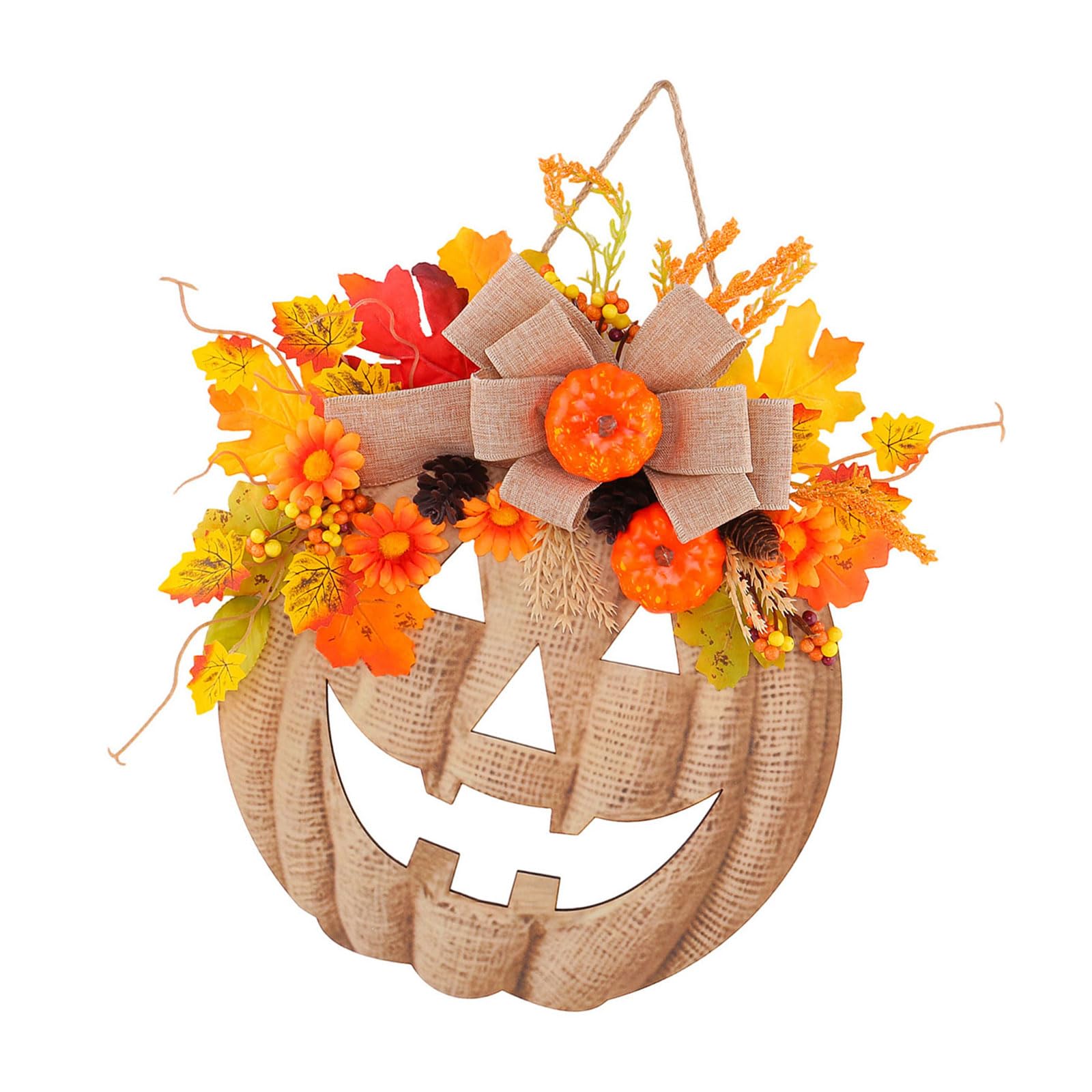 Wooden Pumpkin Wall Decor with Burlap Ribbon, Faux Floral Foliage and Pumpkin Accent for Halloween Door Decor and Fall Entryway Window Display Halloween Door Hanger Fall Wooden Sign Burlap Ribbon Faux
