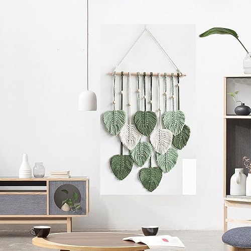 Miniatura 6 de MSFENG Tapiz para colgar en la pared, diseño de hojas, bohemio, decoración de pared tejida con plumas tejidas a mano, borlas de hilo tejido,