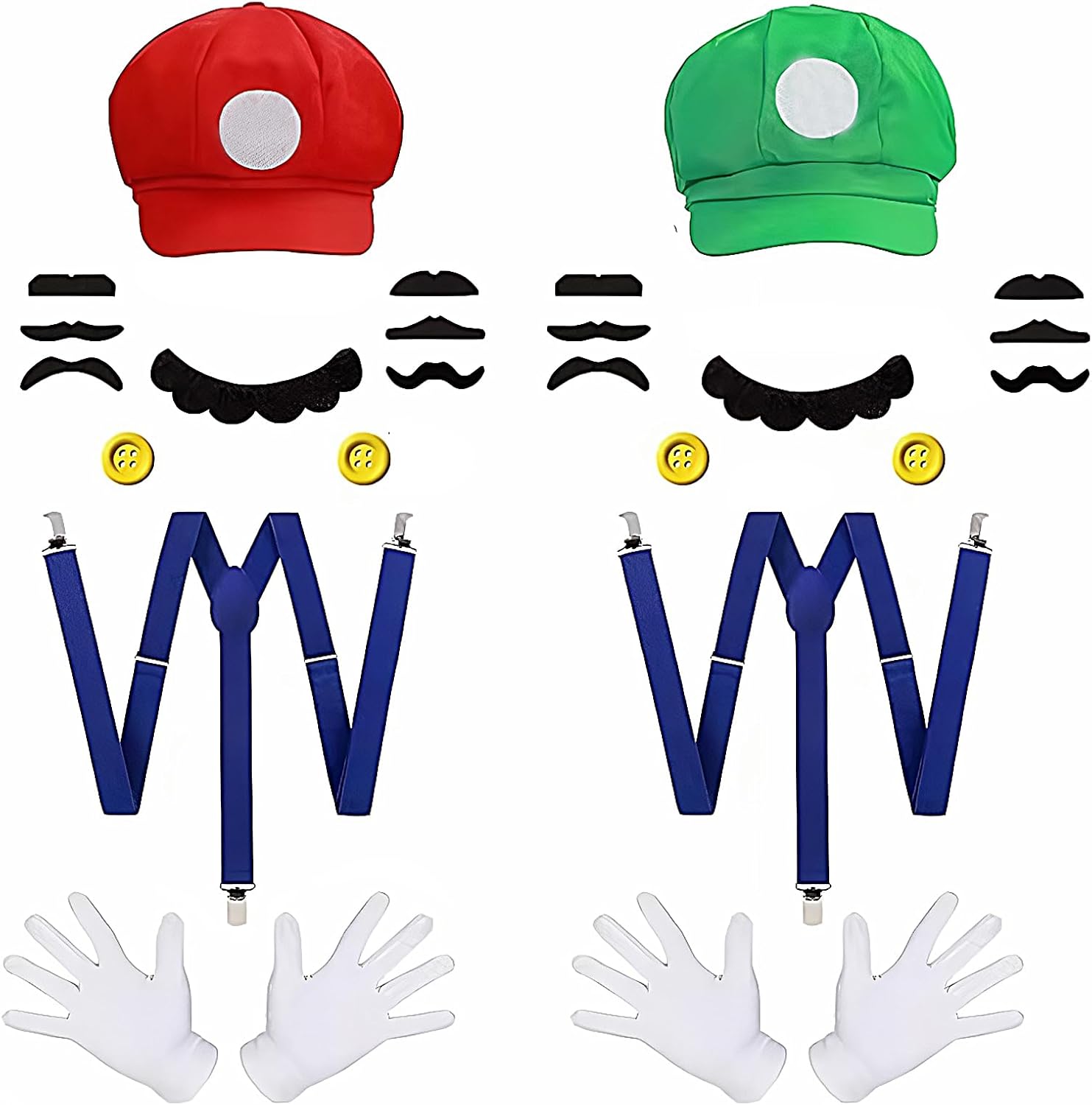 Super Bros Costume Kit with Hat, Mustaches, Suspenders, Gloves and Buttons Halloween Cosplay Accessories Funny Couple outfits for Men and Women