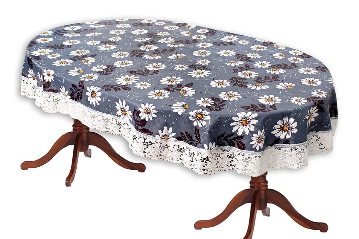 CASA-NEST PVC Oval Shaped 4 to 6 Seater Table Cover Wxl 54X78 Inches with White Border Lace Colour:- Blue Flower Printed008-picture-28