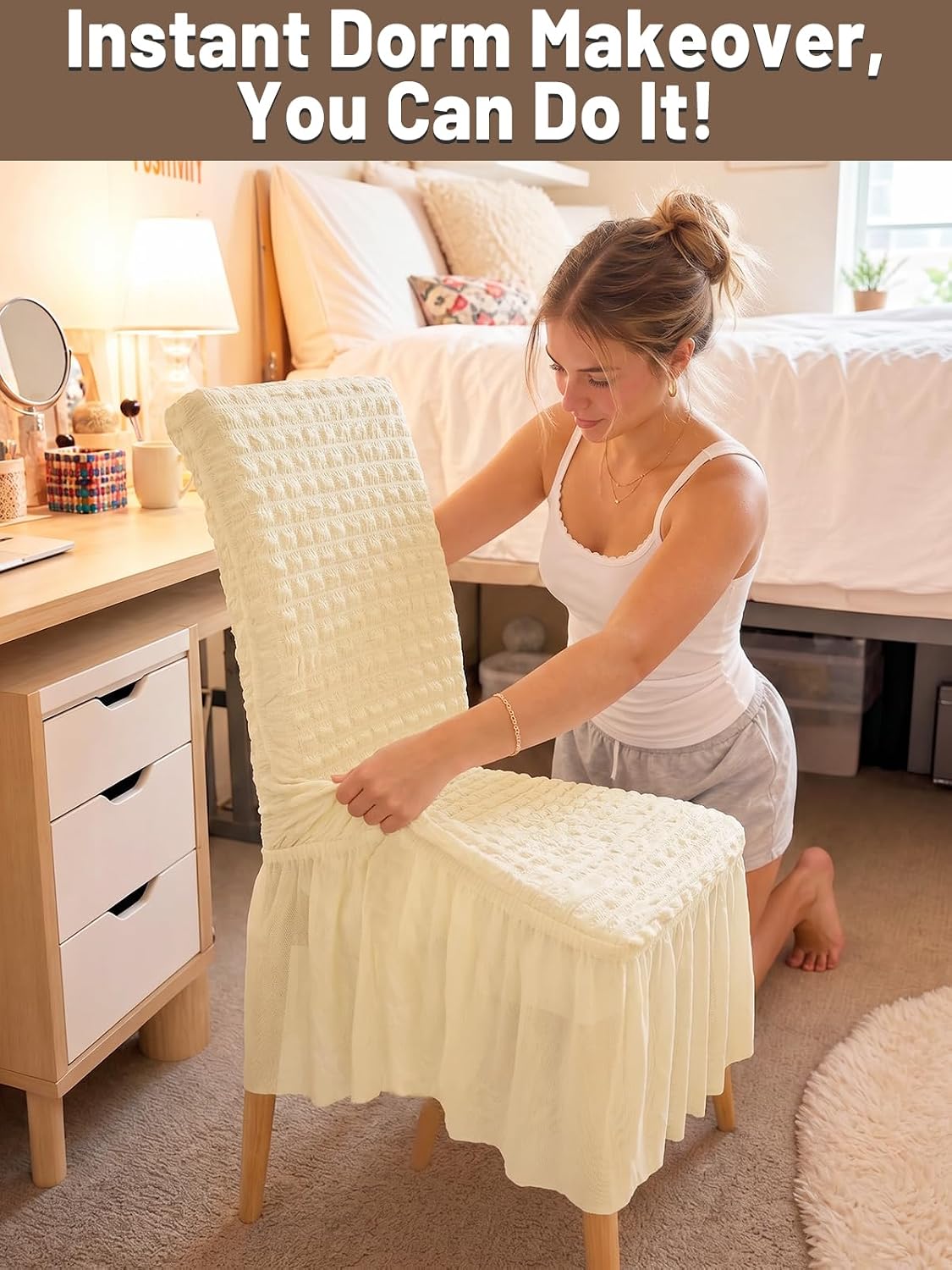 ANPHSIN Stretch Chair Cover for Dorm Room Decor - Easy to Put On, Beige Dining Chairs Covers with Skirt, Slipcovers for Girls College Furniture, 1Pack