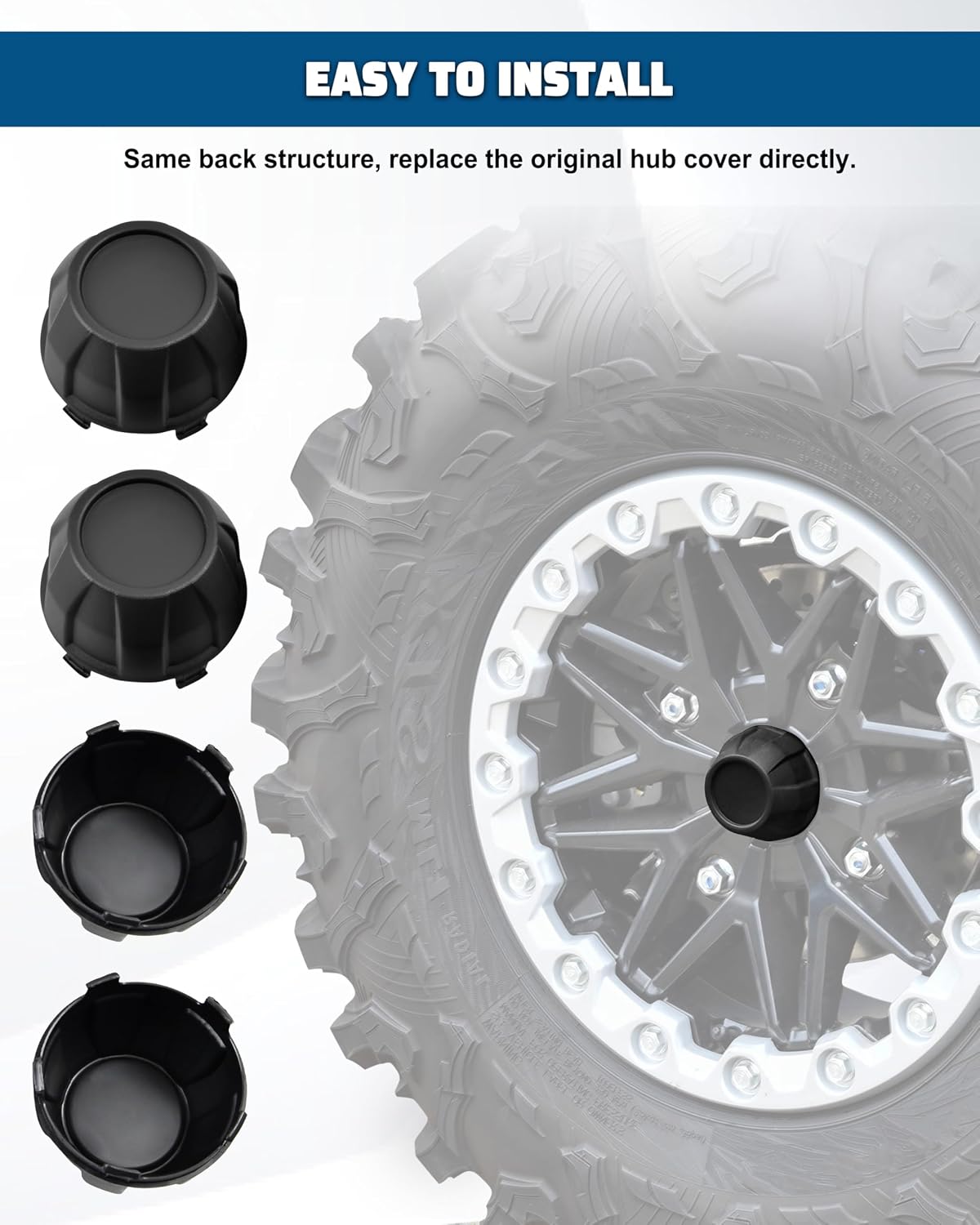 Wheel Hub Caps for Kawasaki Teryx KRX 1000 2020-2024 Accessories, UTV Durable PP Black Center Caps Dust Tire Rim Hub Covers (4PCS, Replace #11065-1341)