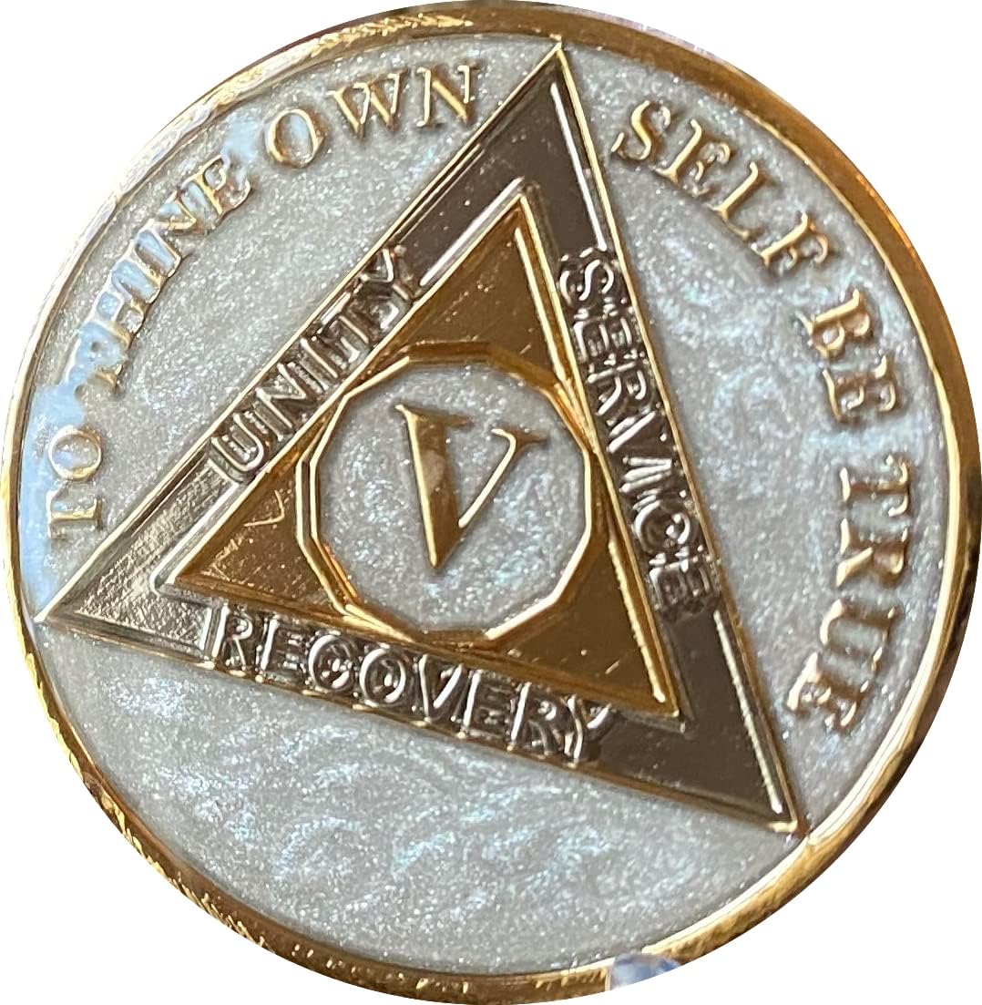 5 Year AA Medallion Opulent Pearl Silver Swirl Tri-Plate Sobriety Chip