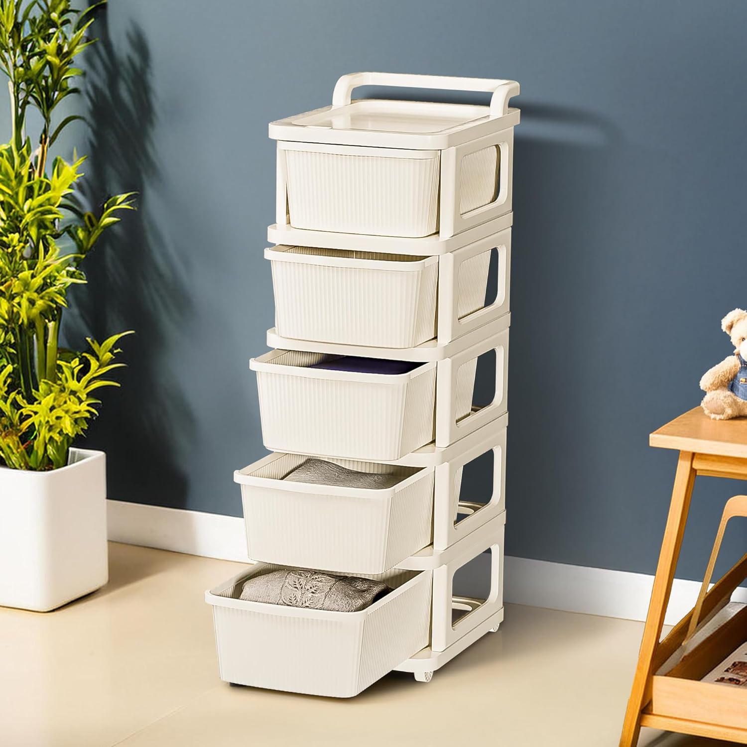 Kuber Industries 5 Layer Plastic Modular Storage Drawer Organizer with Wheels | Chest of Drawer Storage Box for Living Room, Office, School and Home | Toys Organiser for Kids Room | Ivory