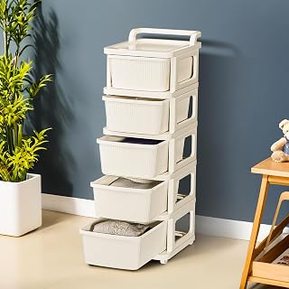 Kuber Industries 5 Layer Plastic Modular Storage Drawer Organizer with Wheels | Chest of Drawer Storage Box for Living Room, Office, School and Home | Toys Organiser for Kids Room | Ivory - Amazon product rated Grade A