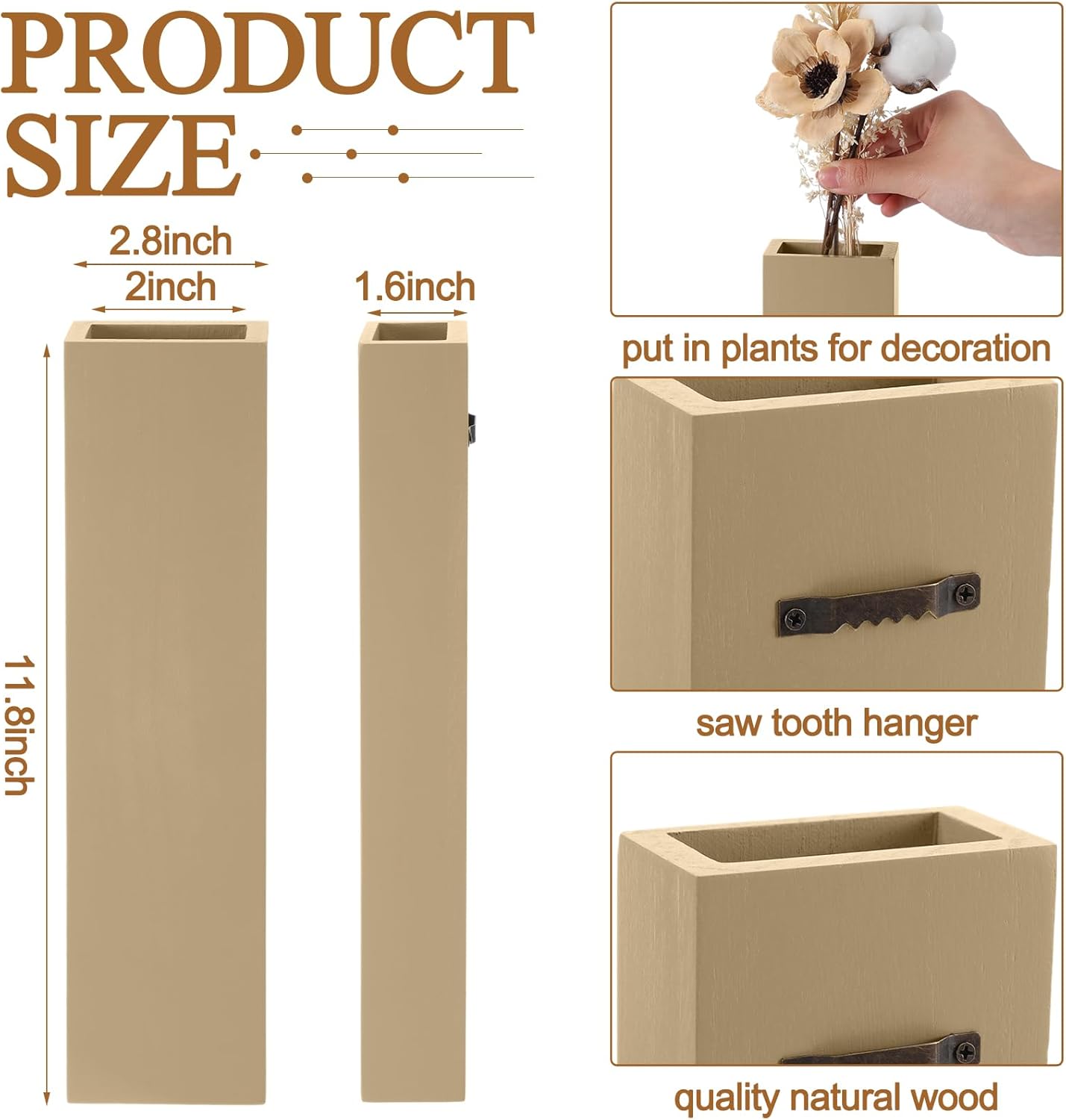 Chunful 6 Pcs Wood Boho Wall Planter Hanging Vertical Wall Vases for Indoor Plants Dried Flowers Faux Greenery Rustic Bohemian Home Decor for Living Room Hallway Office Bedroom Bathroom Apartment