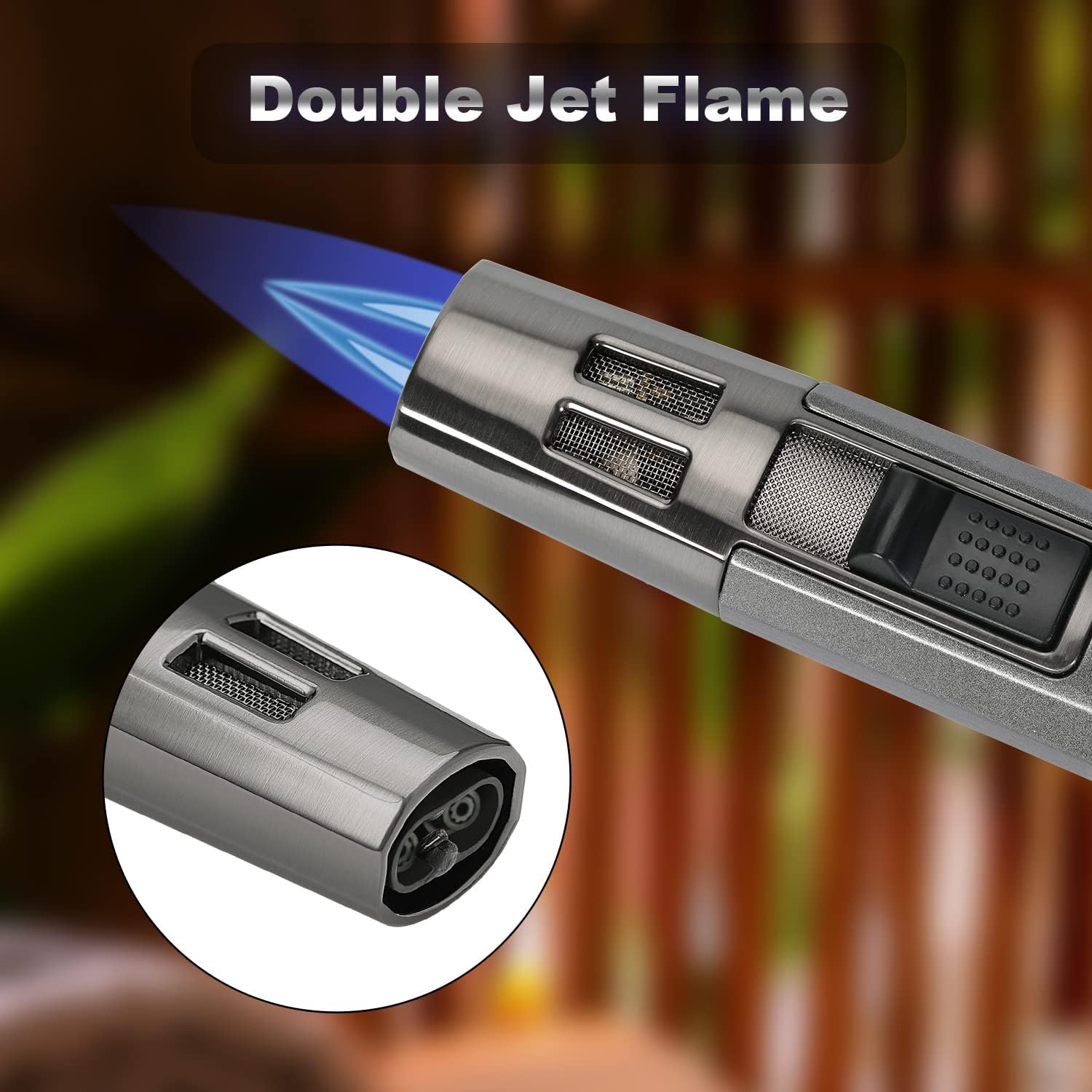 IEIK Double Flame Refillable Lighter, Adjustable Torch Lighter for Camping Cooking BBQs Kitchen Stove Portable Jet Flame Pen Lighter (Gas not Included)